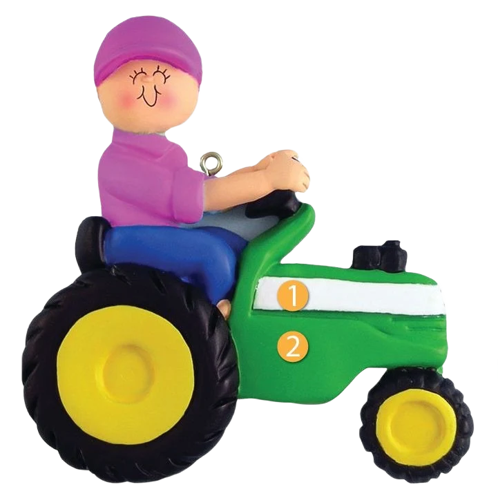 Natural Ornament Central Personalized Woman on Green Tractor Ornament Crafted