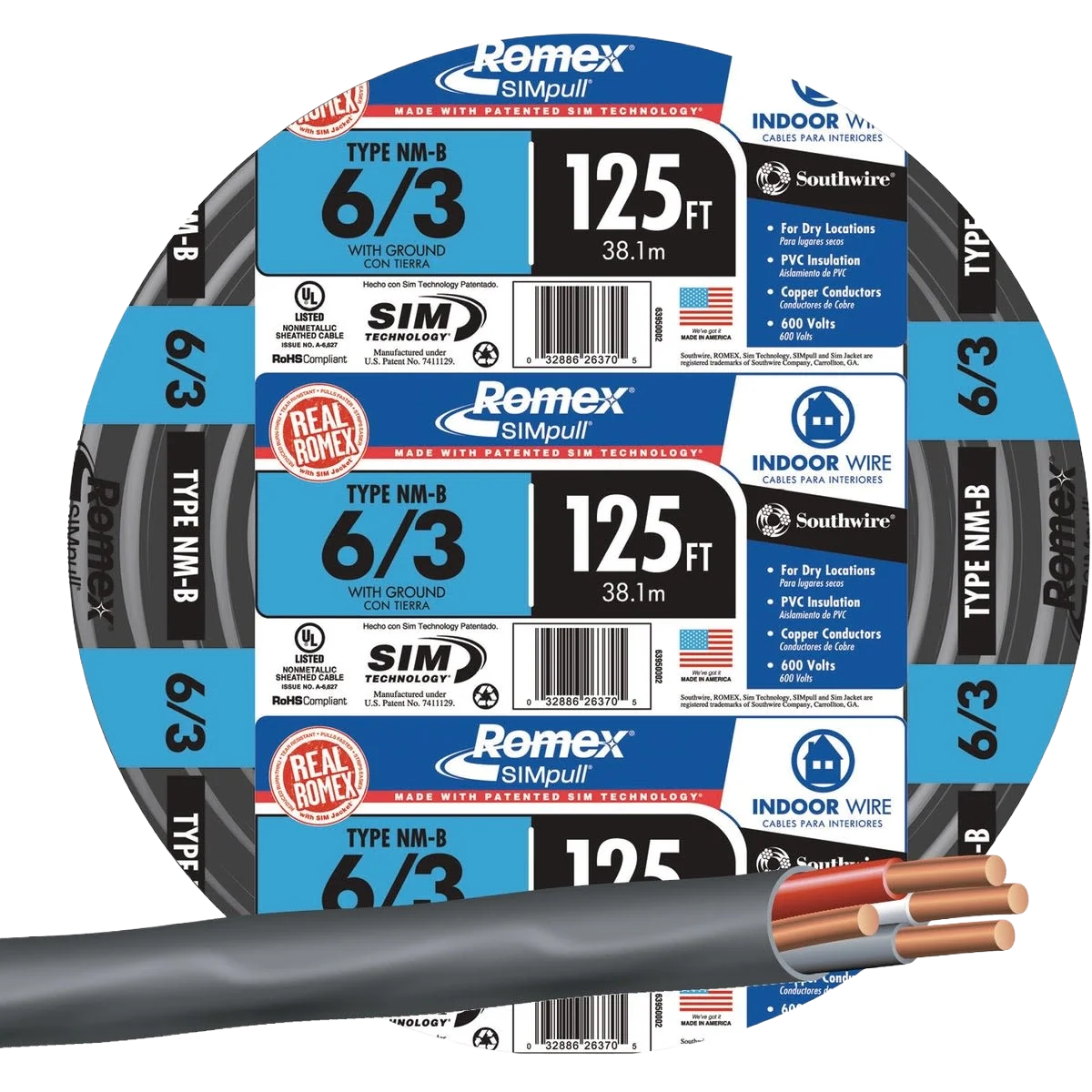 Fast Romex 125 ft. 6-3 Black Stranded NMW G Wire Soft