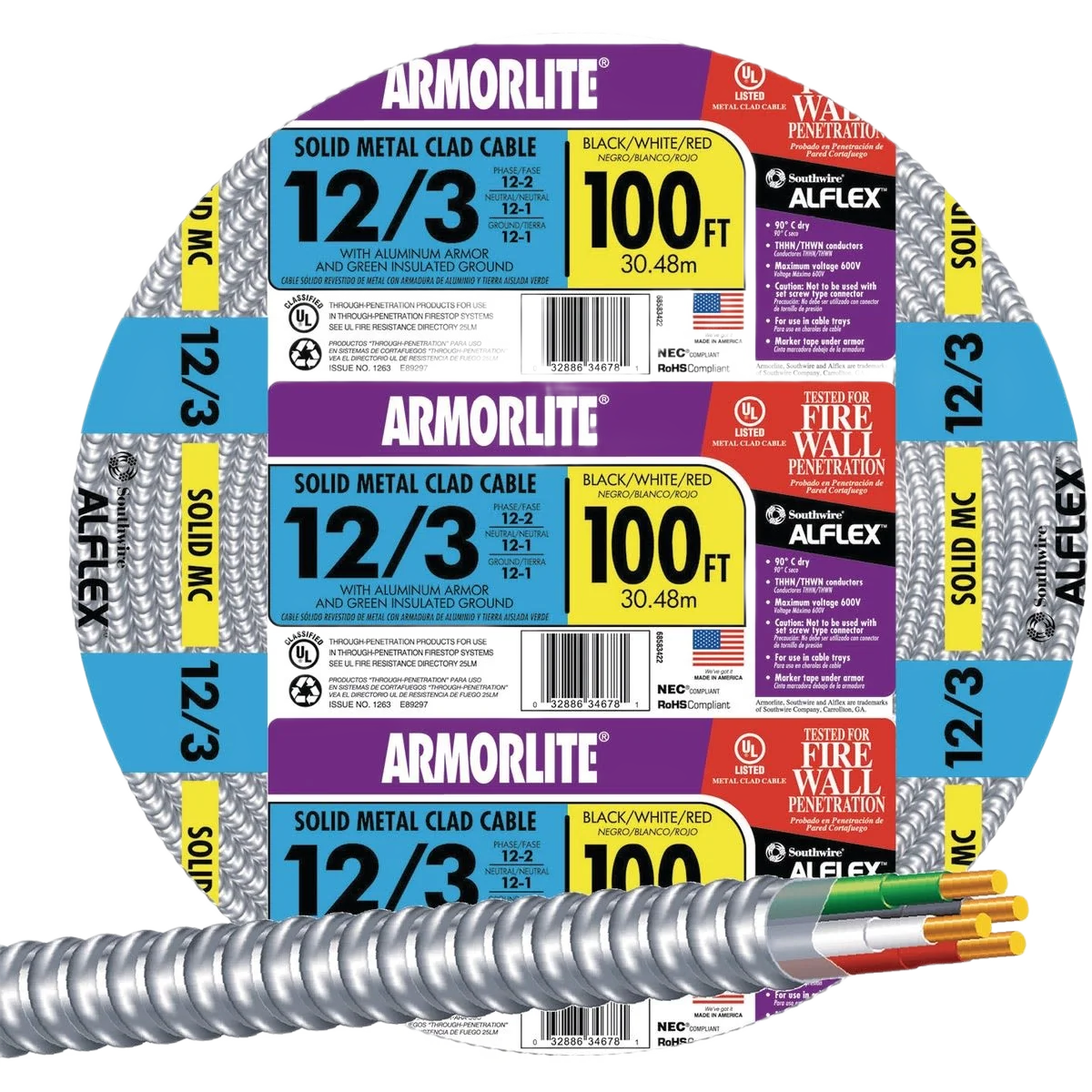 Solid Southwire 100′ 12 3 MC Aluminum Armored Cable Durable