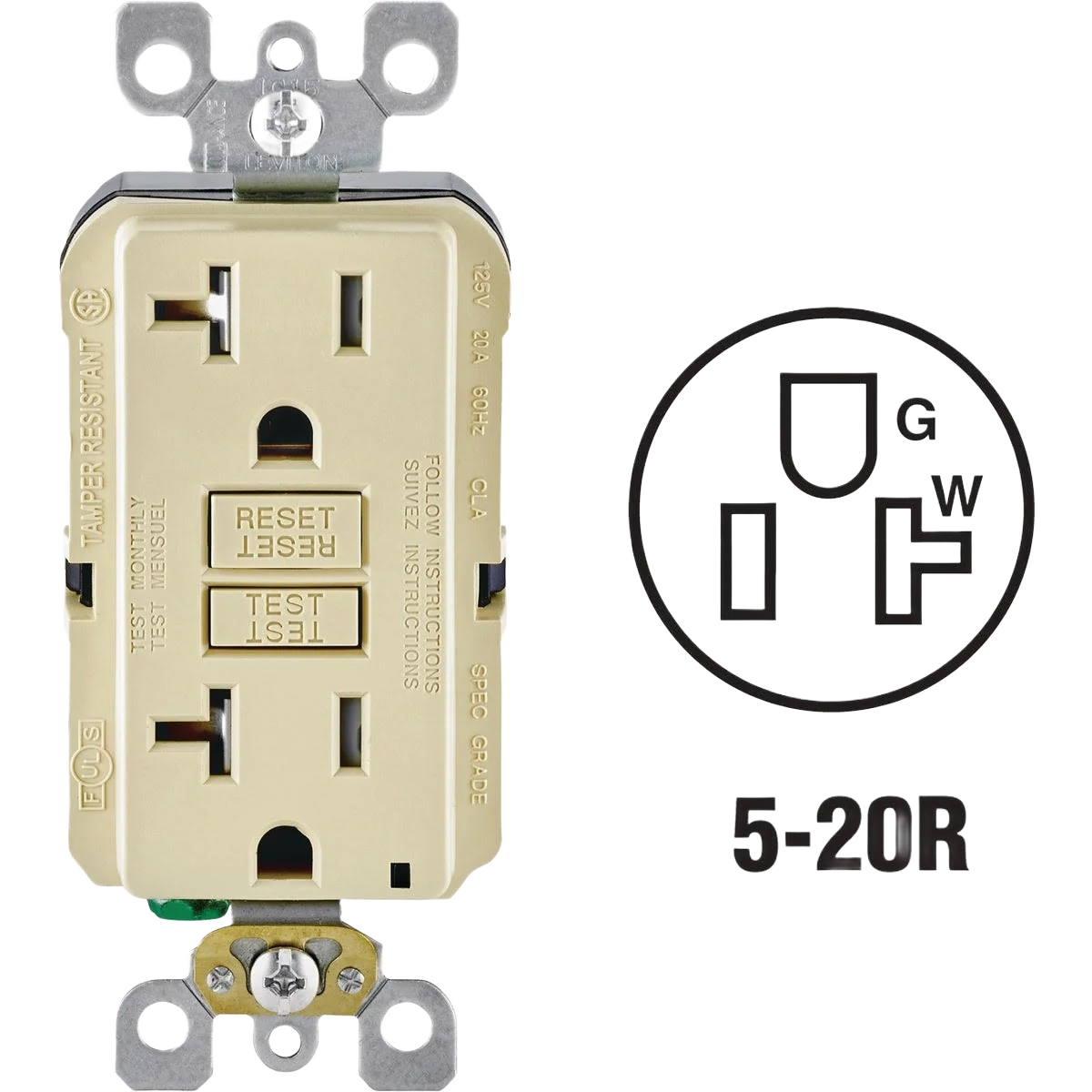 Easy-to-Use Leviton SmartlockPro Ivory Commercial Grade 5-20R GFCI Outlet Breathable