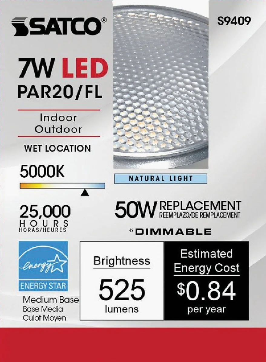 Easy-to-Use Satco 6.5 Watt PAR20 LED Medium Base Dimmable Floodlight Bulb Long-Lasting