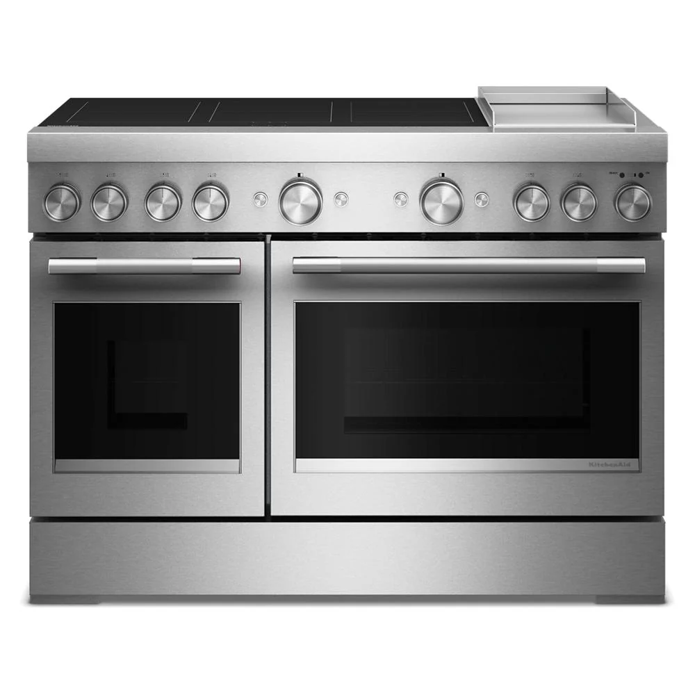 Official 48-Inch 6-Element Induction standing Commercial-Style Range with Griddle Detailed