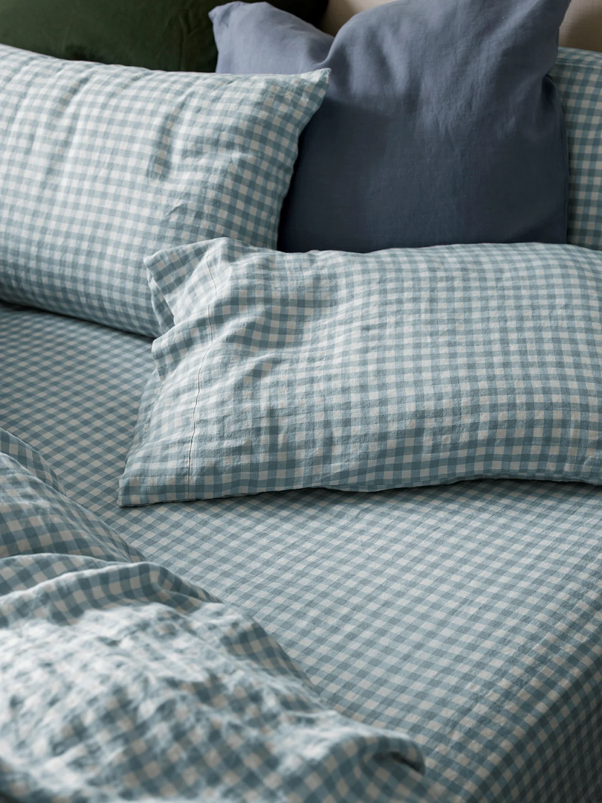 Prestigious Warm Blue Gingham Linen Fitted Sheet Quality