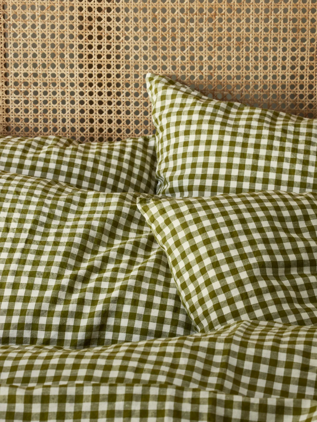 Stylish Botanical Green Gingham Linen Pillowcases Pair Minimalist