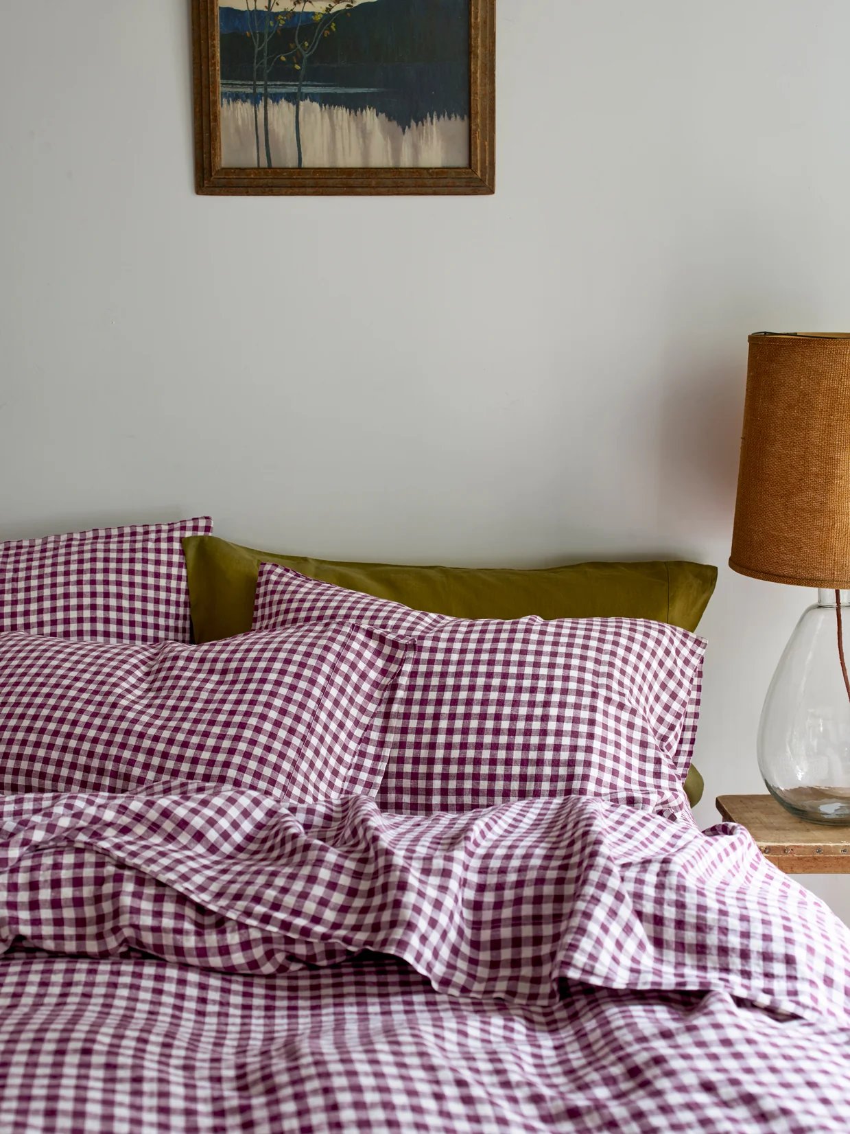 Soft Berry Gingham Linen Blend Pillowcases Pair Green