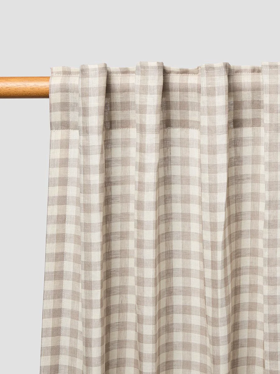 Practical Mushroom Gingham Linen Blend Curtains Pair Reusable