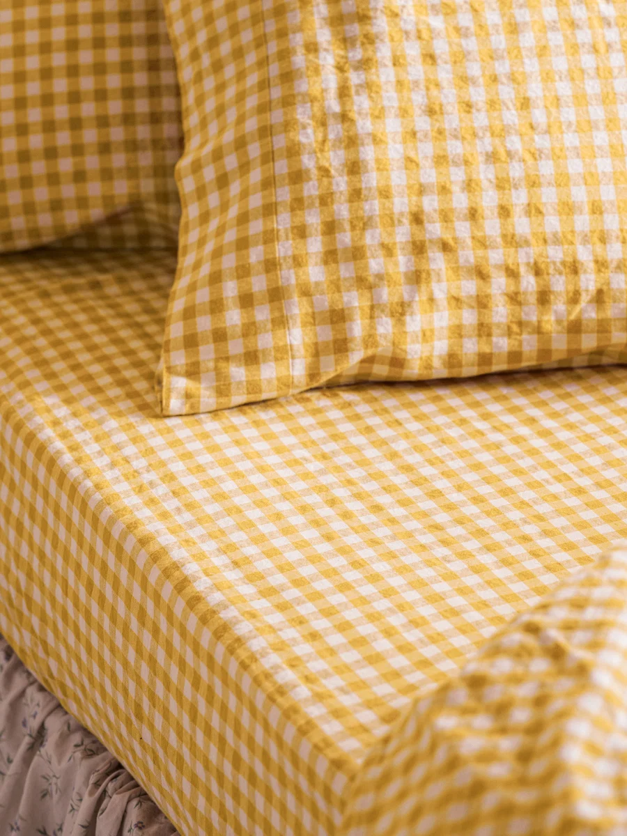 Traditional Honey Gingham Linen Blend Fitted Sheet Certified