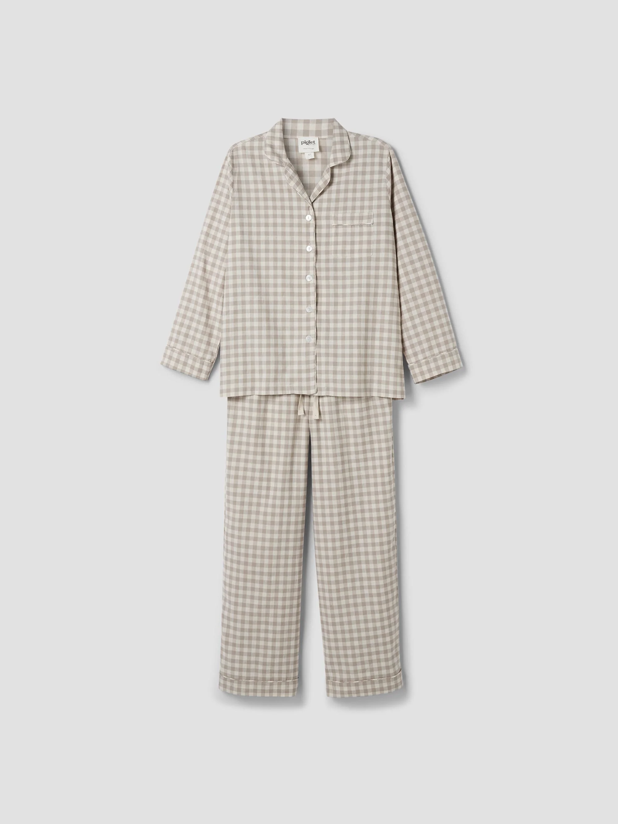 Fine Mushroom Gingham Linen Blend Pyjama Trouser Set Eco-Friendly