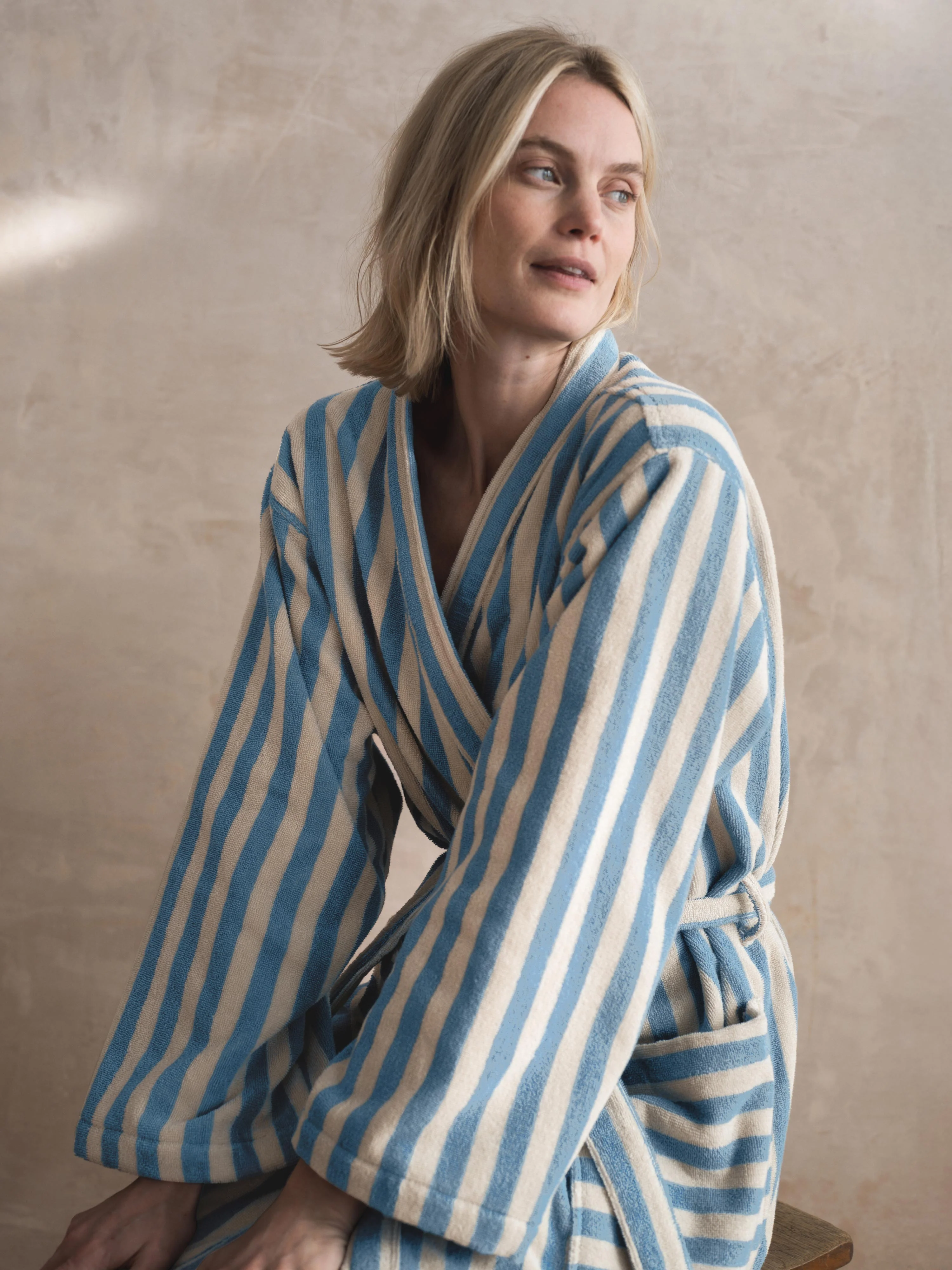 Environmentally Friendly Coastal Blue Pembroke Stripe Cotton Robe Natural