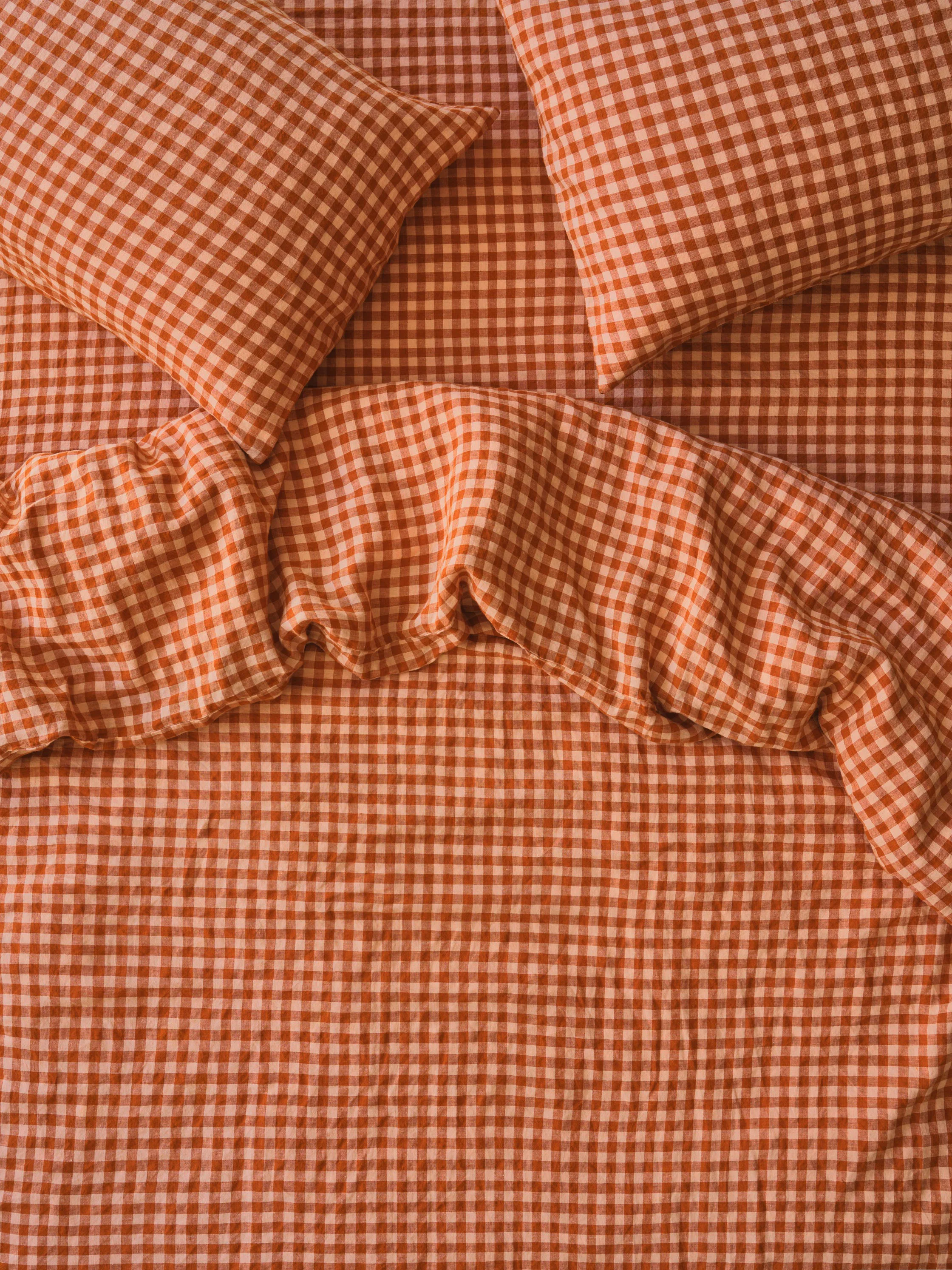 Elegant Cinnamon Peach Colour Drenched Gingham Linen Blend Duvet Cover Smart
