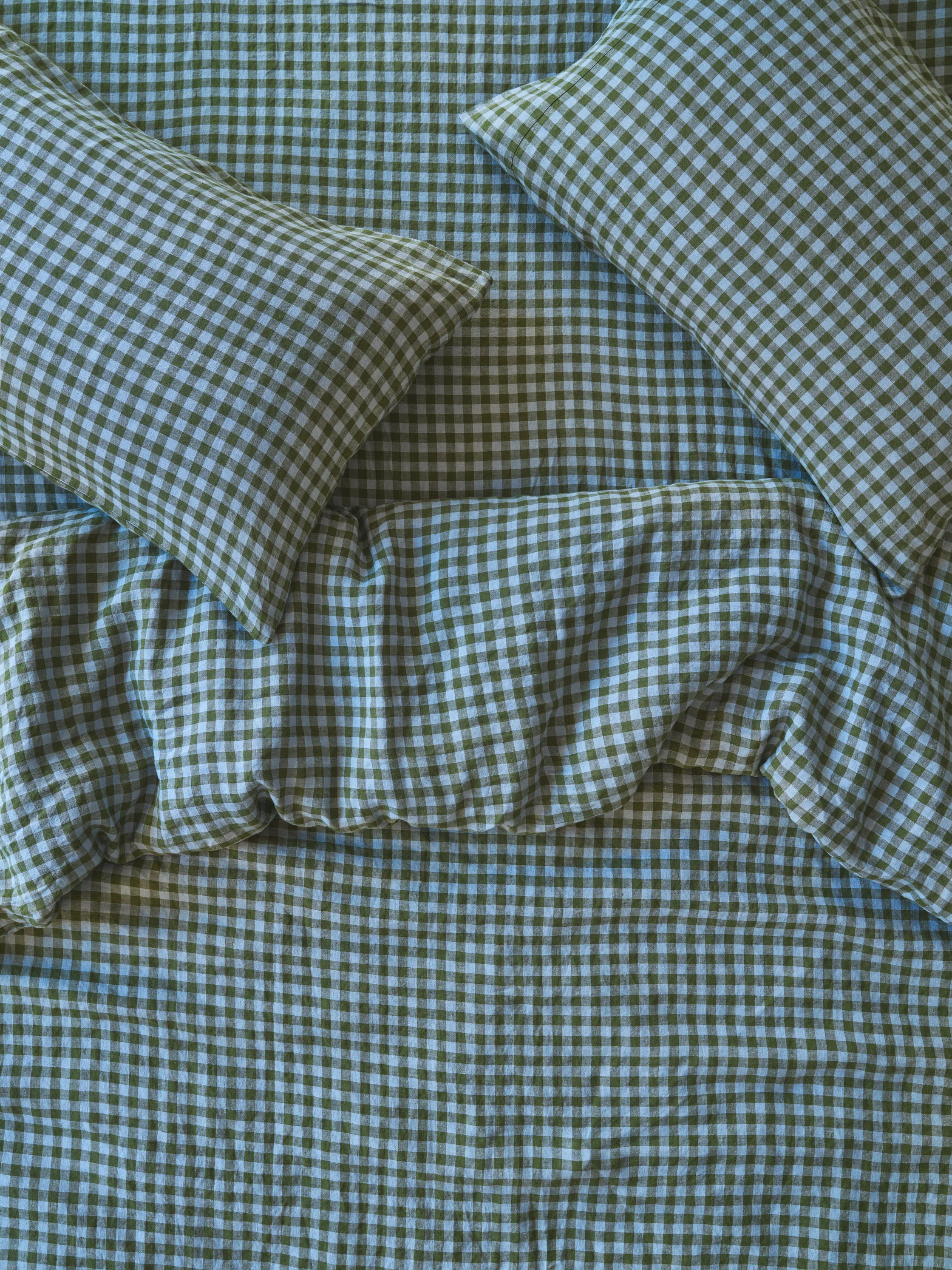 Innovative Fern Green Dusk Blue Colour Drenched Gingham Linen Blend Duvet Cover Crafted