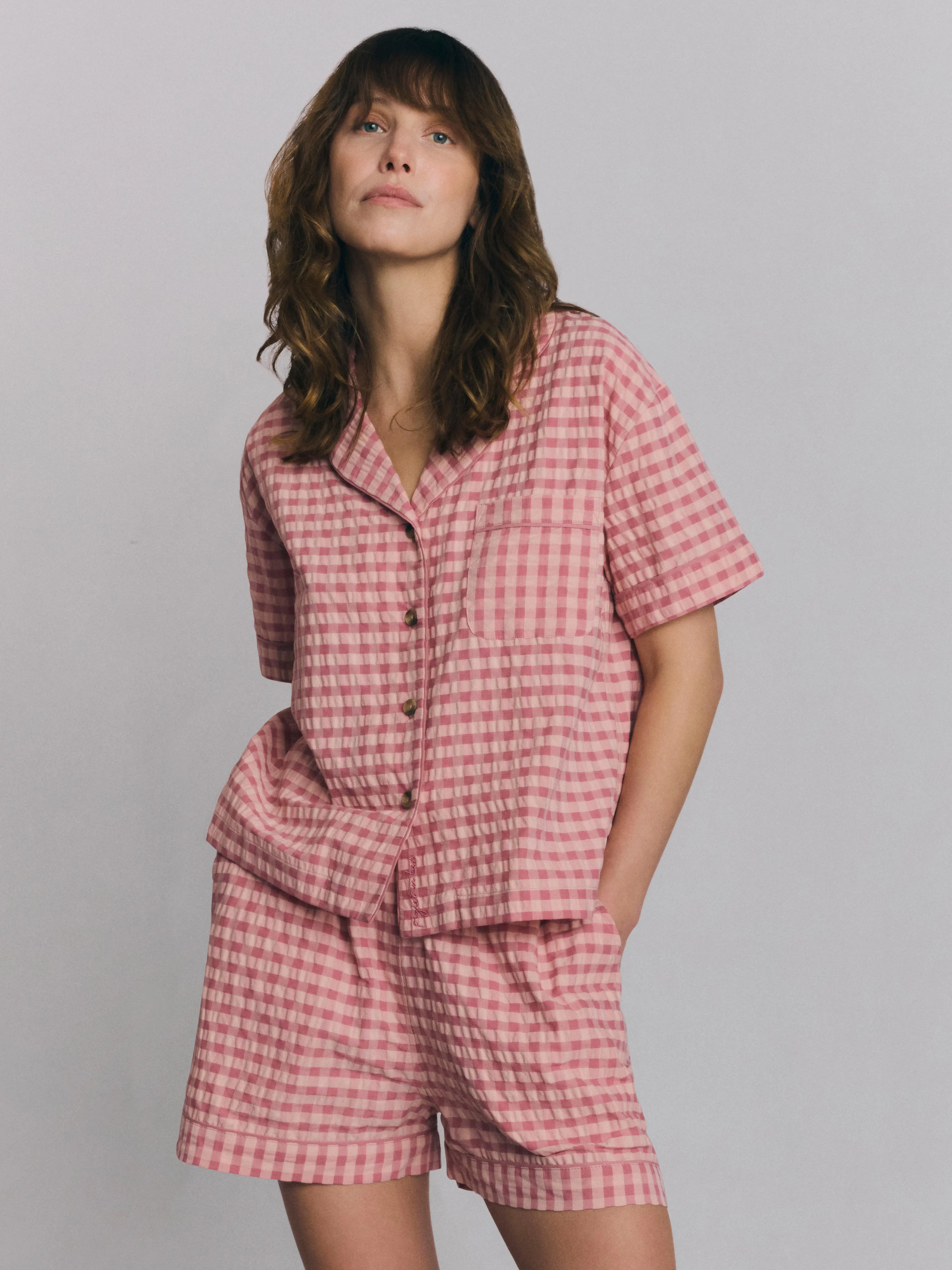 Relaxed Dusty Pink Rose Gingham Cotton Shorts Set Practical