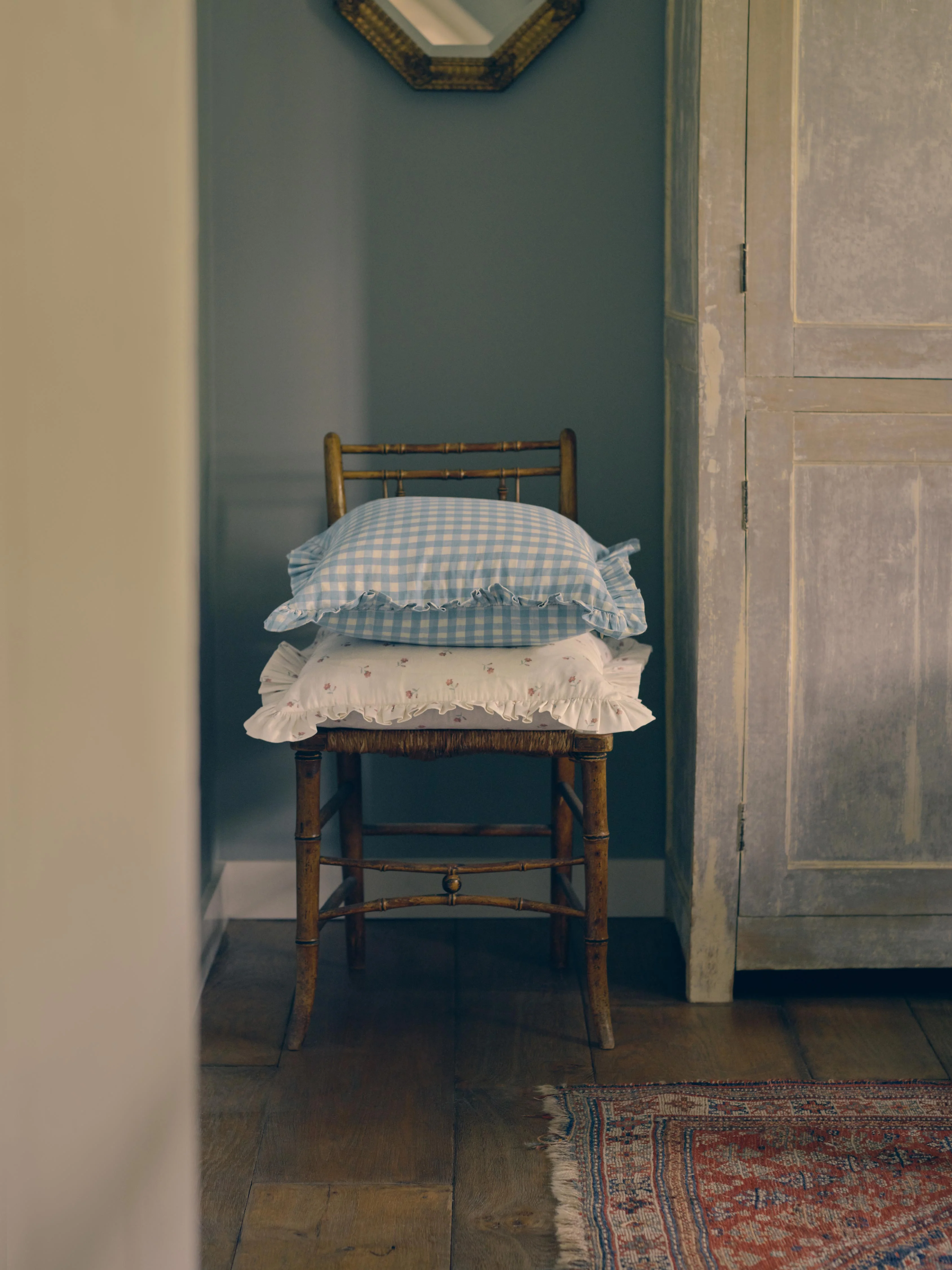 Artisan Warm Blue Gingham Frill Linen Blend Filled Cushion Functional