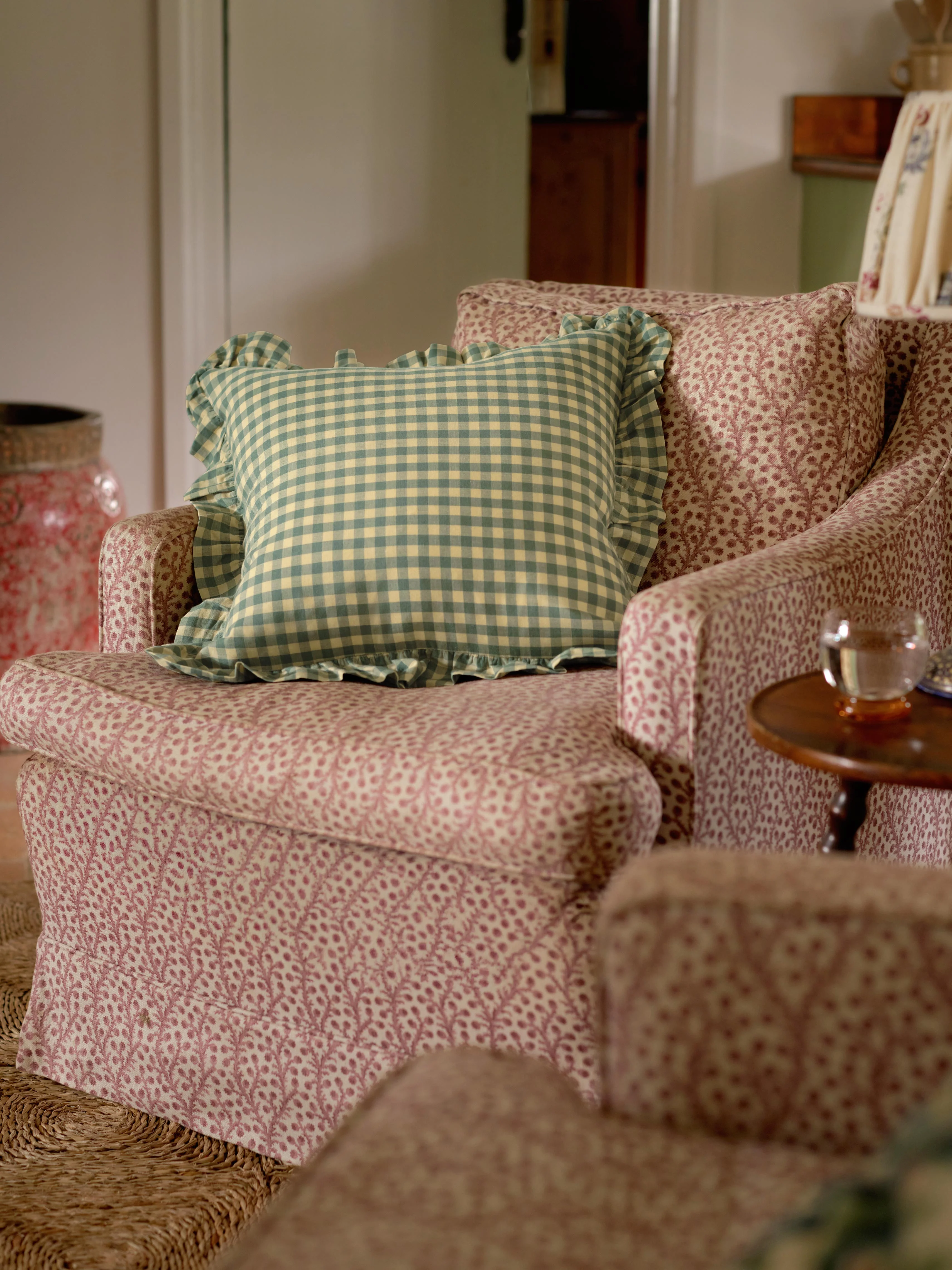 Efficient Elm Green Butter Yellow Gingham Frill Linen Blend Filled Cushion Original Design