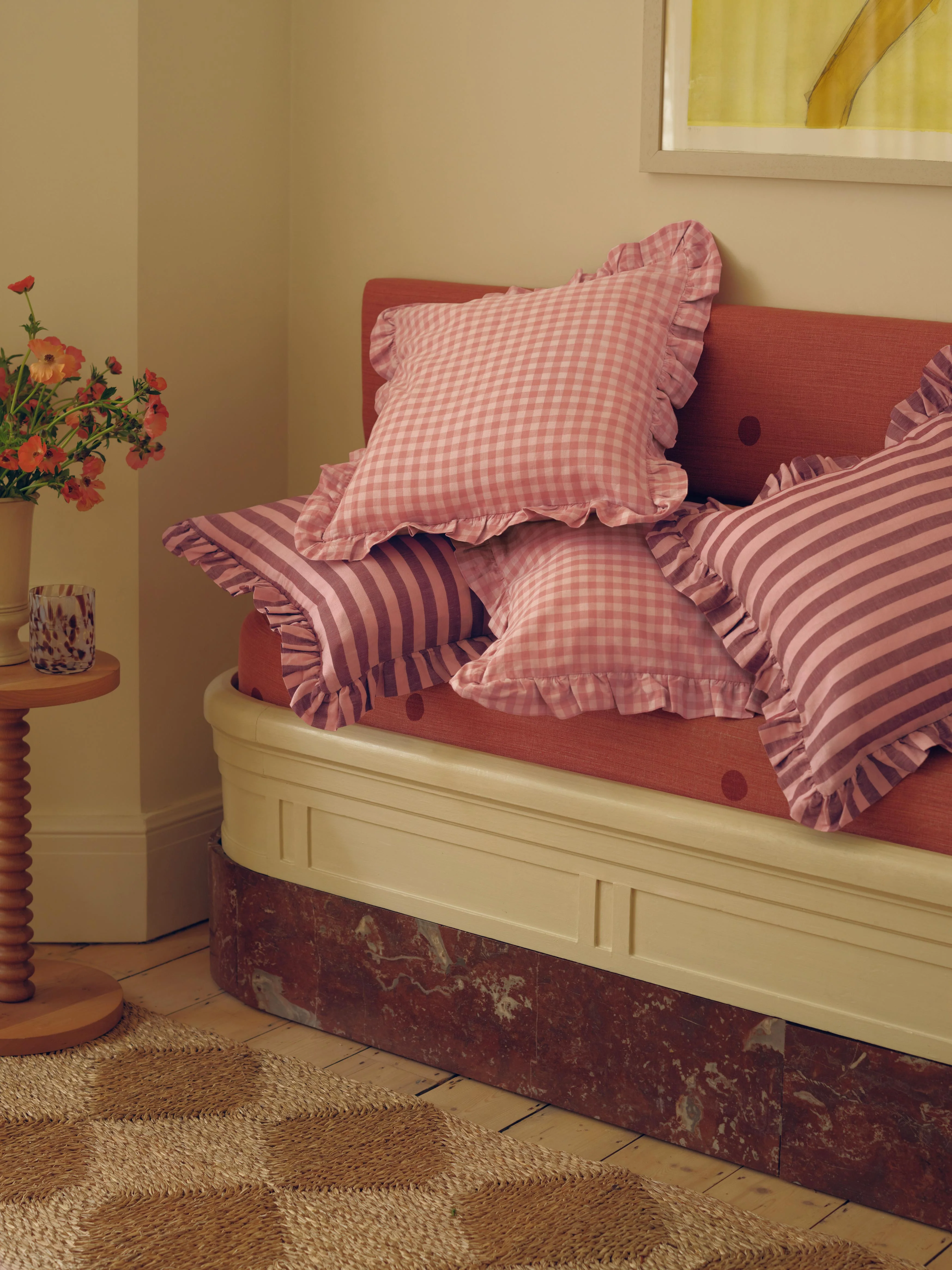 Easy-to-Use Dusty Pink Rose Gingham Frill Linen Blend Filled Cushion Premium