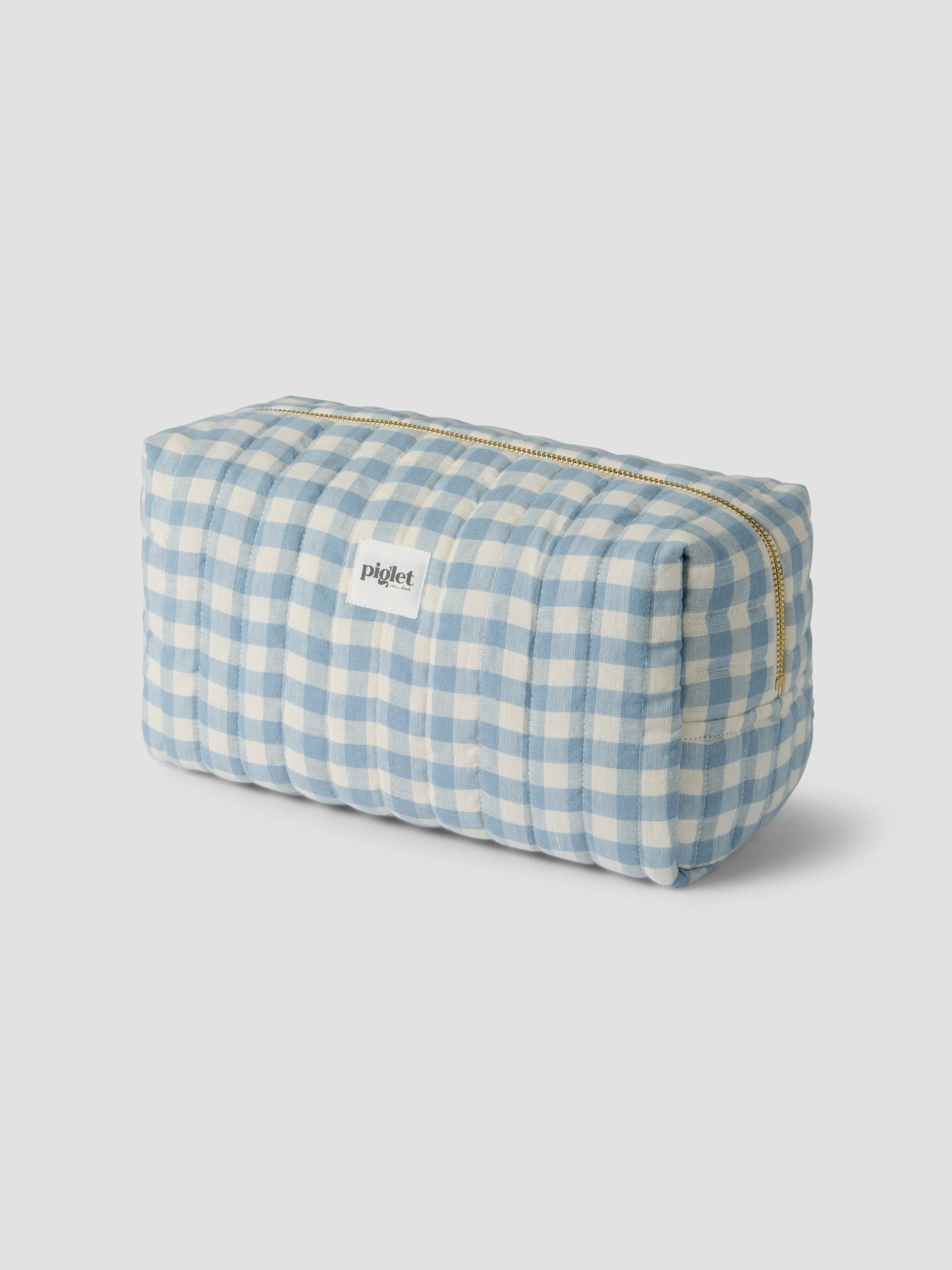 Comfortable Warm Blue Gingham Linen Blend Wash Bag Certified