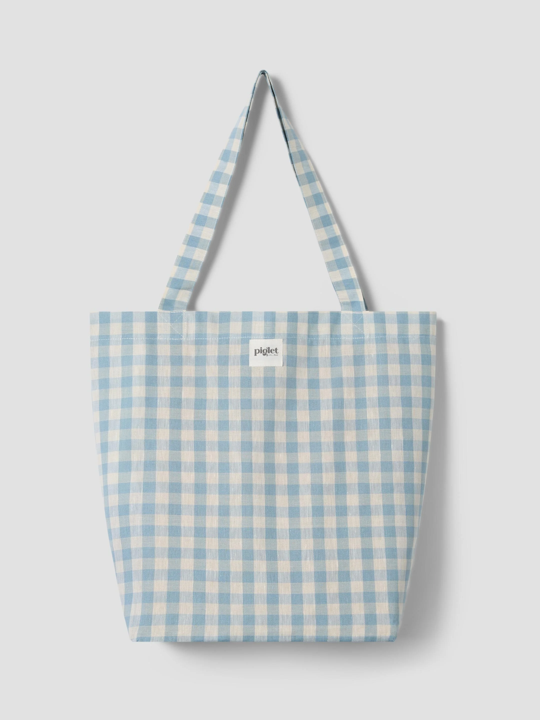 High-Grade Warm Blue Gingham Linen Blend Tote Bag Stylish