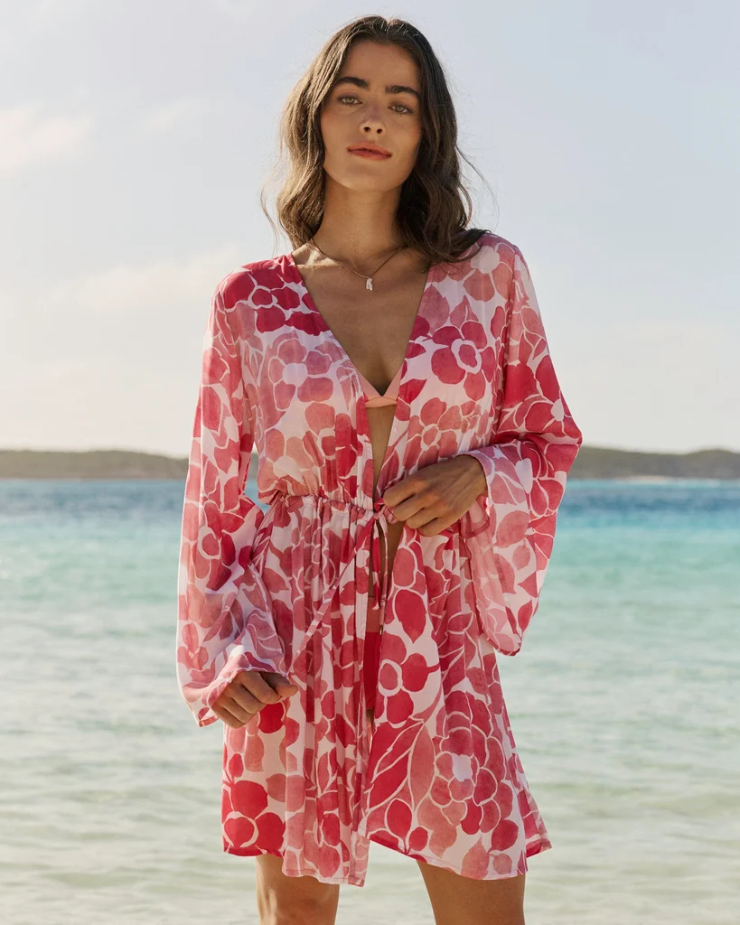 Clean Floral Bell Sleeve Short Tunic Cover-Up Carefully Designed