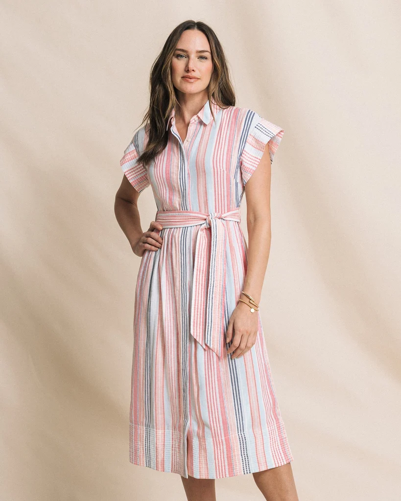 First-Class Tinley Striped Belted Midi Shirtdress Certified