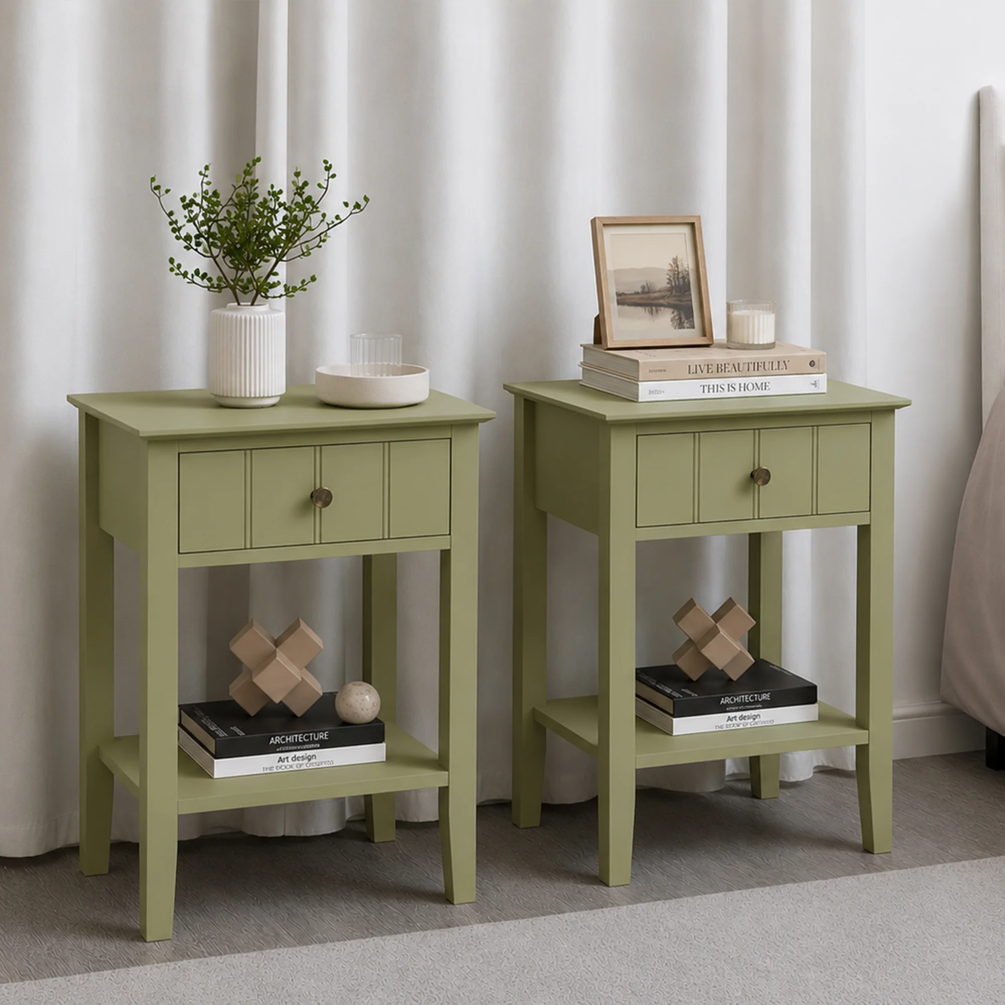 Environmentally Friendly Pair Of Sage Green One Drawer Bedside Tables with Shelf – Padstowe Sage Green Range Outstanding