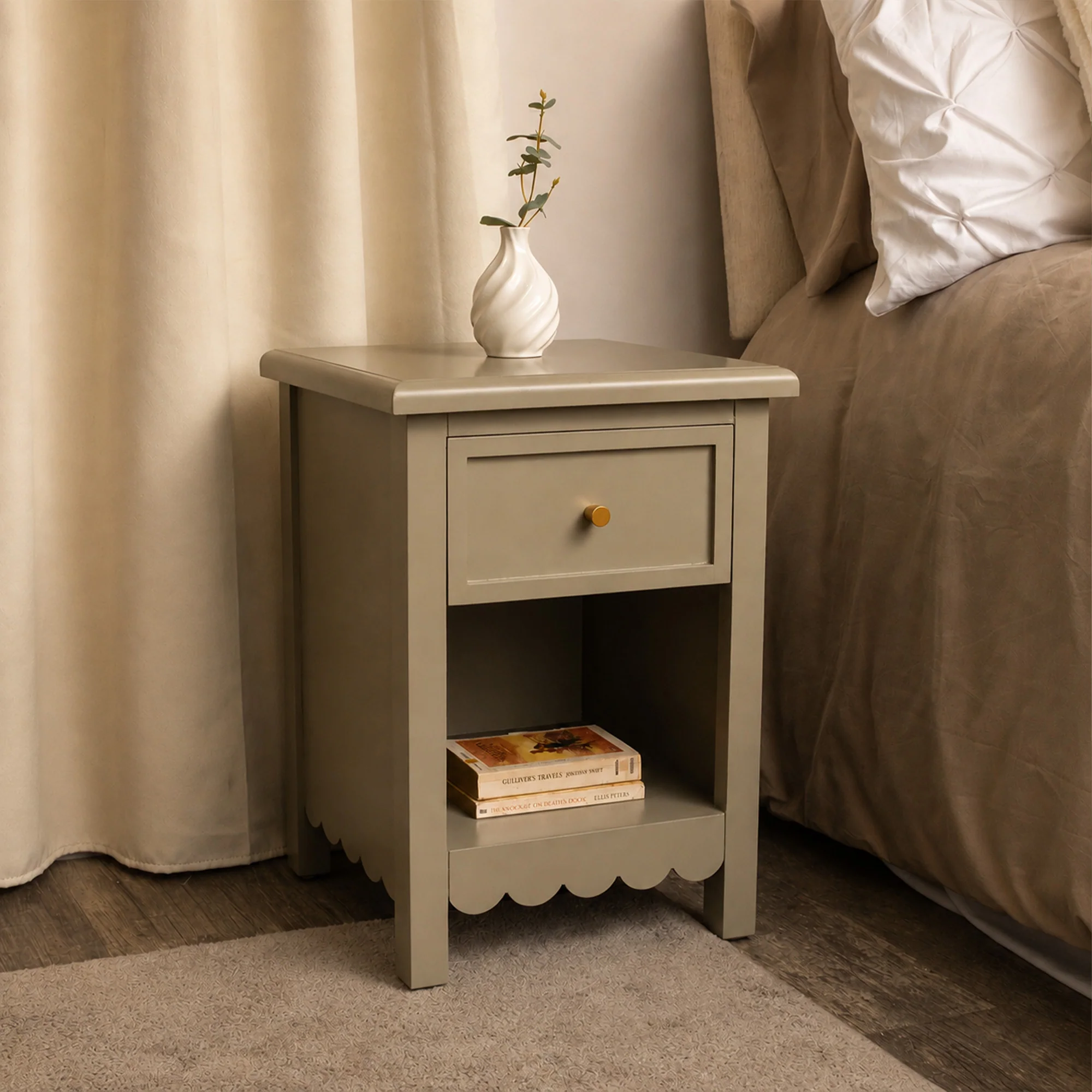 Organic One Drawer Scalloped Bedside Table – Staunton Taupe Range Elite