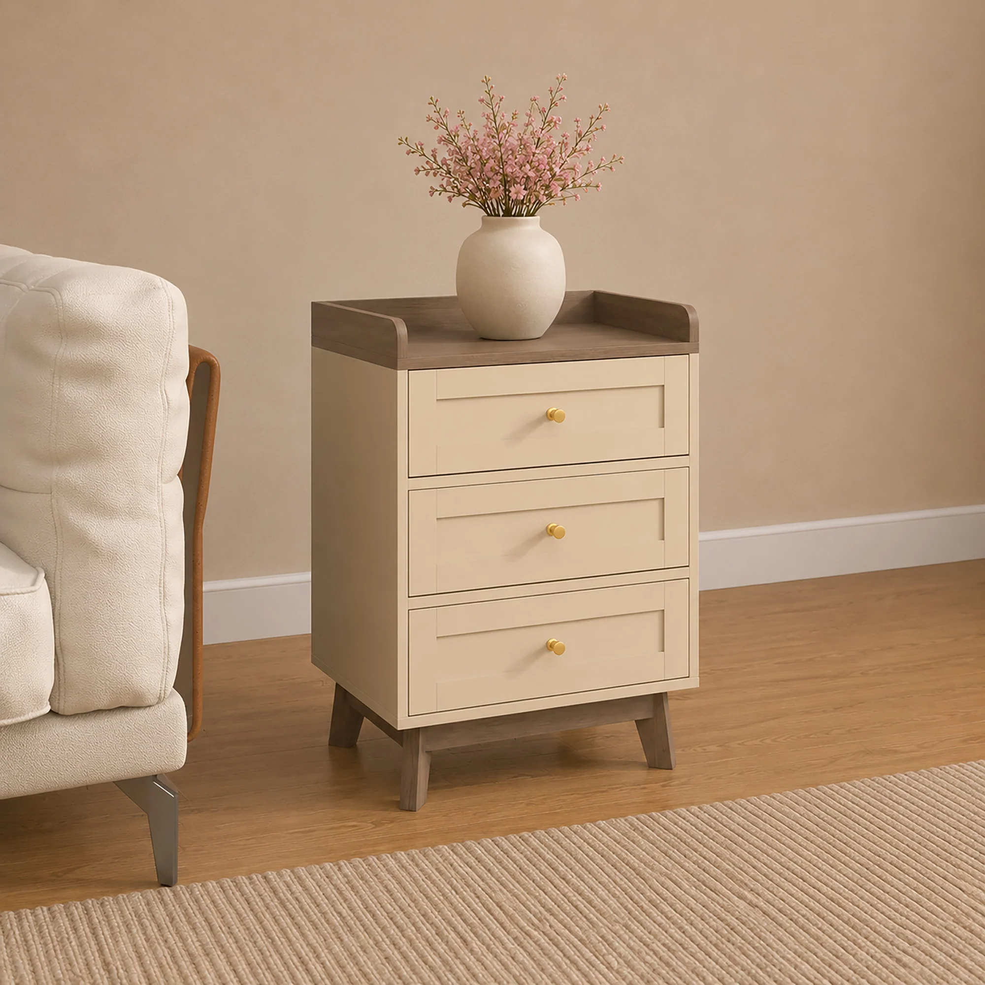 Convenient Cream Wood 3 Drawer Bedside Table – Oswin Range High-End