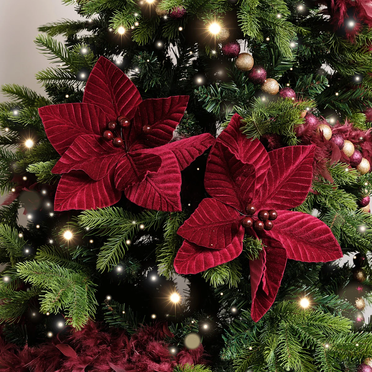 Relaxed Set of 2 Dark Red Poinsettia Pick Decorations – 28cm Eco-Friendly
