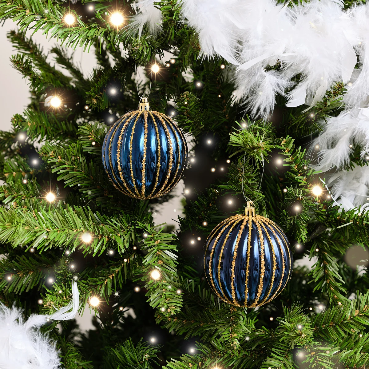 Traditional Set of 2 Blue Glitter Striped Reeded Hanging Baubles – 8cm Genuine