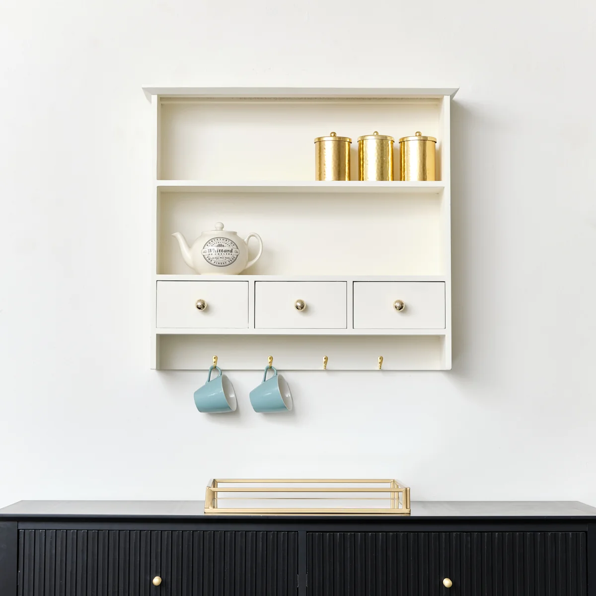 Innovative Large Ivory Wall Shelf Unit with Drawer Storage and Hooks Casual