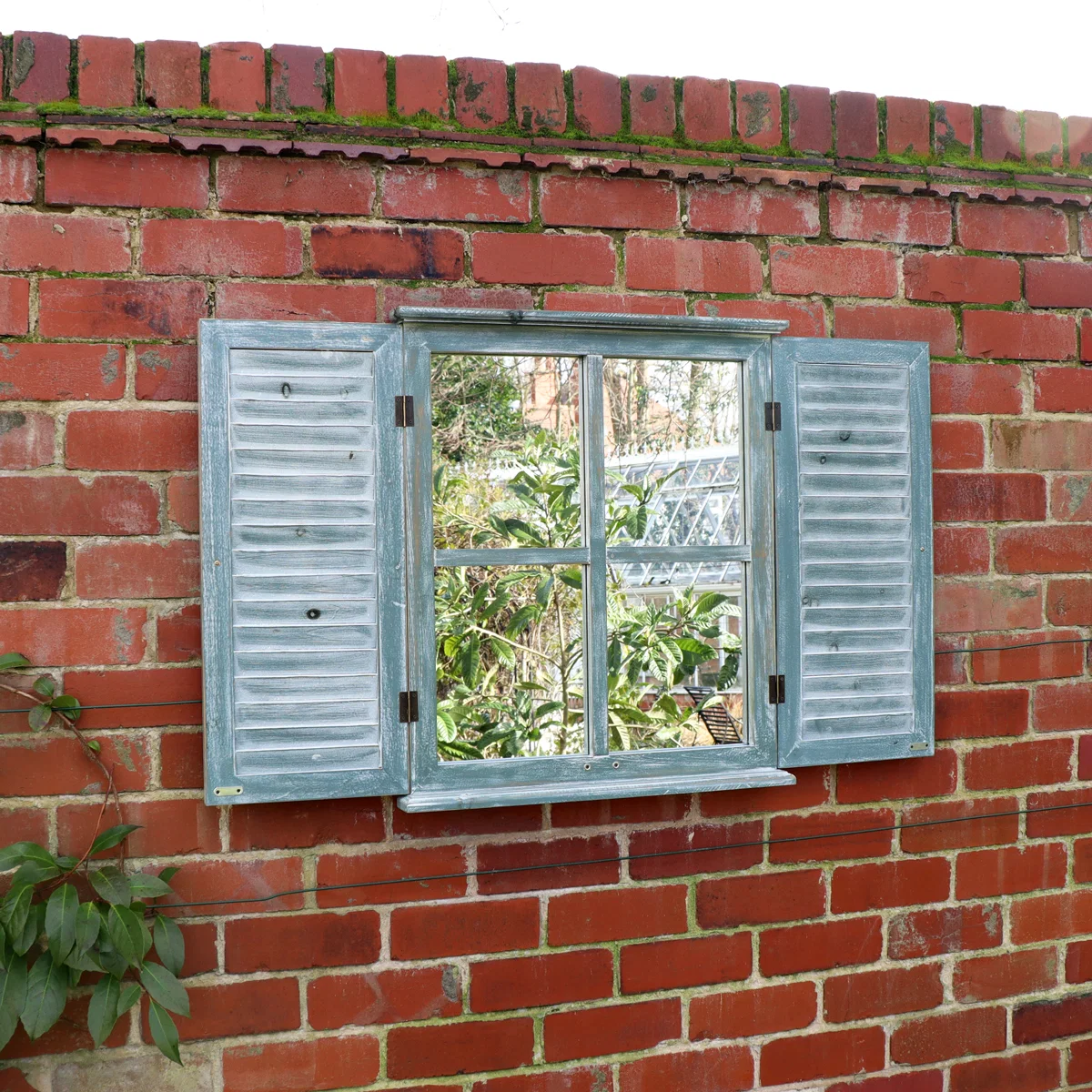 Crafted Distressed Green Shutter Style Garden Wall Mounted Mirror 60cm x 70cm High-Quality