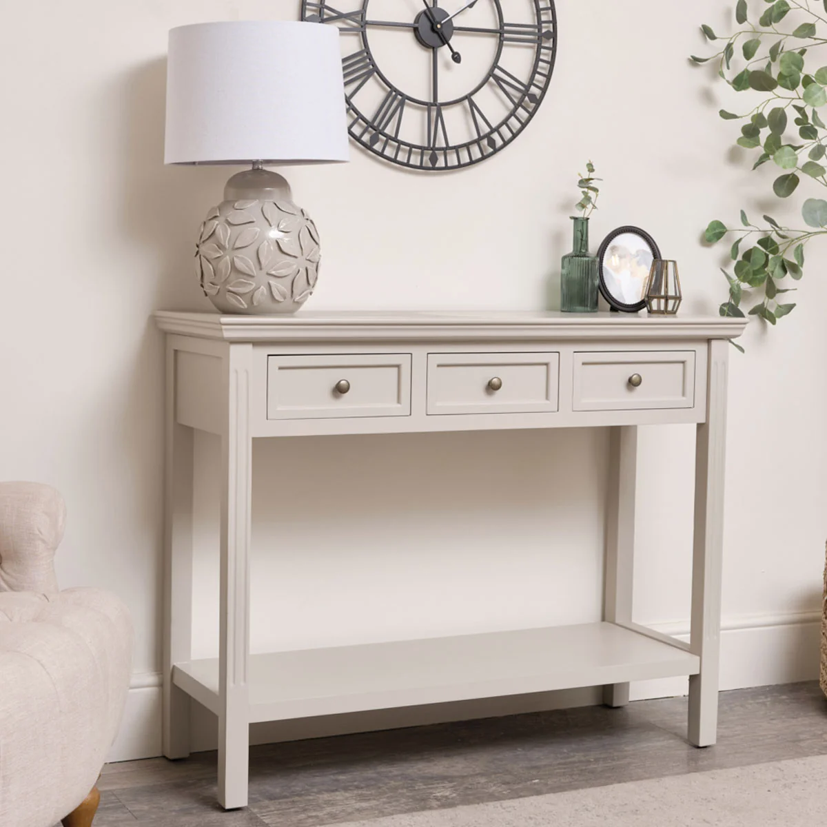 Casual Large 3 Drawer Sideboard Console Table – Daventry Taupe-Grey Range Authentic