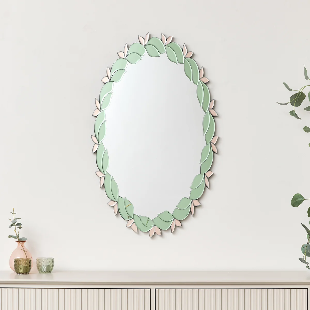 Functional Pink Green Oval Floral Art Deco Wall Mirror 80cm x 49cm