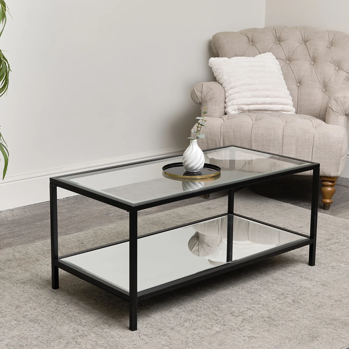 Flexible Black Glass Mirrored Coffee Table Contemporary