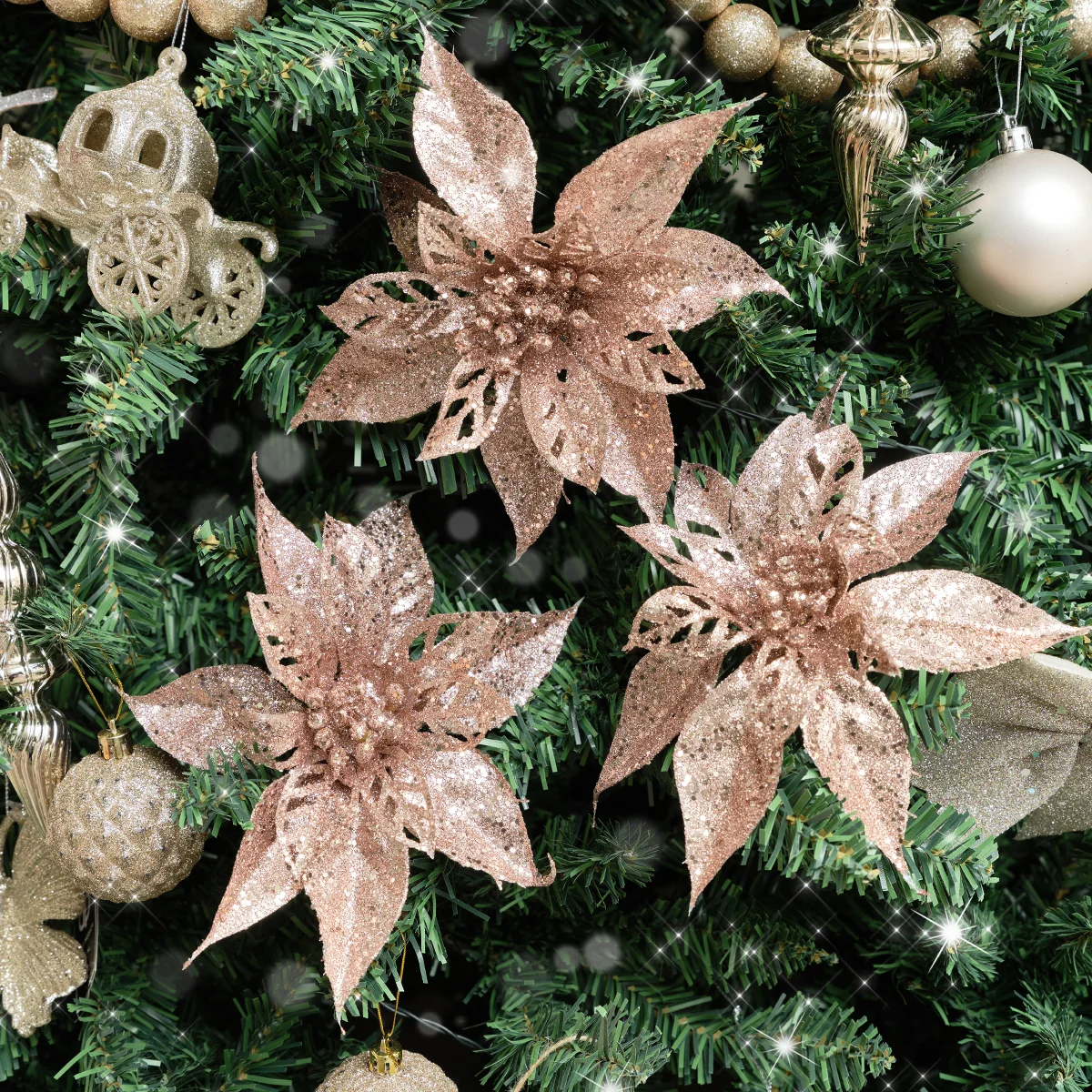 Smooth Set Of 3 Pink Glitter Poinsettia Picks – 24cm Solid