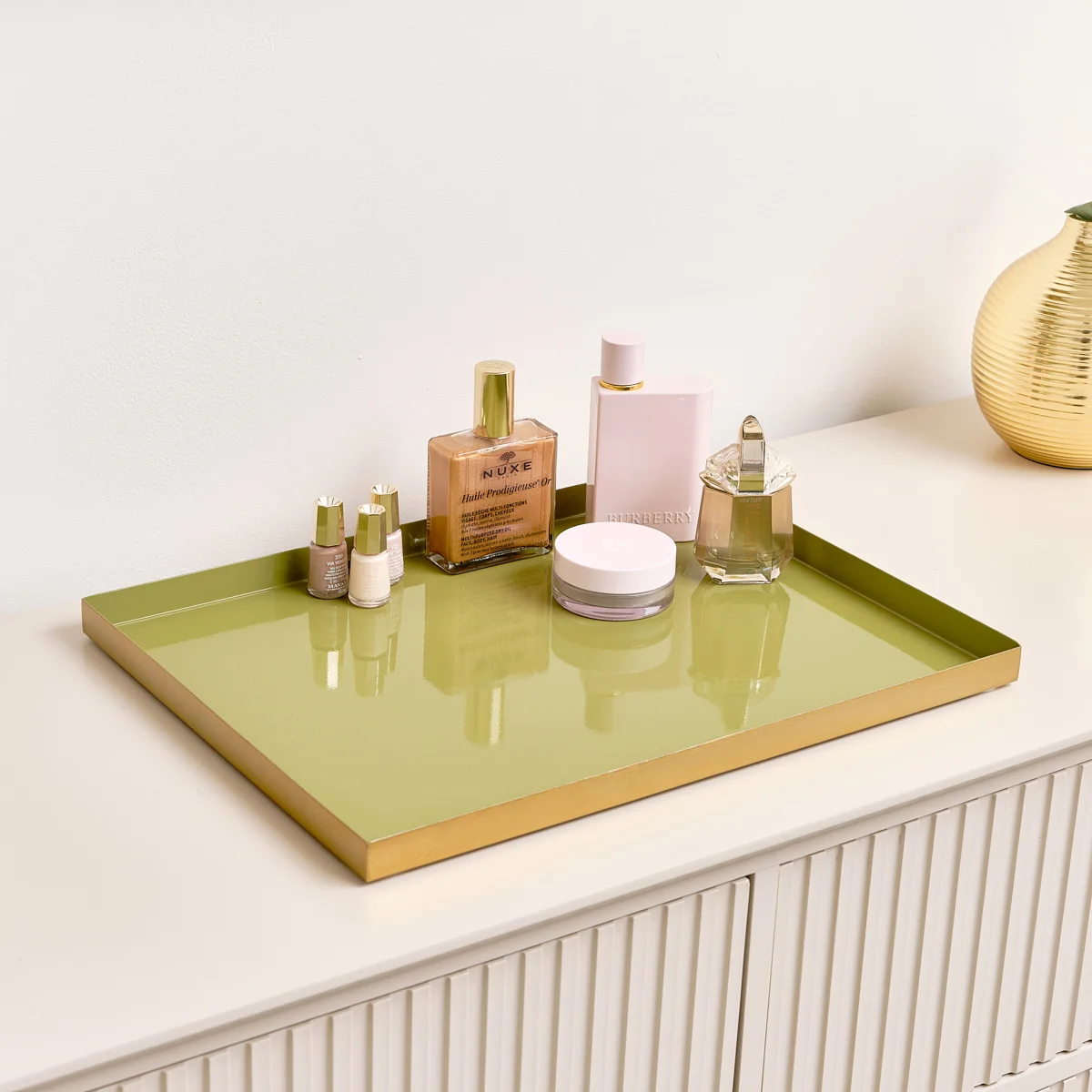 Solid Large Rectangle Olive Green Enamel Metal Tray Reusable