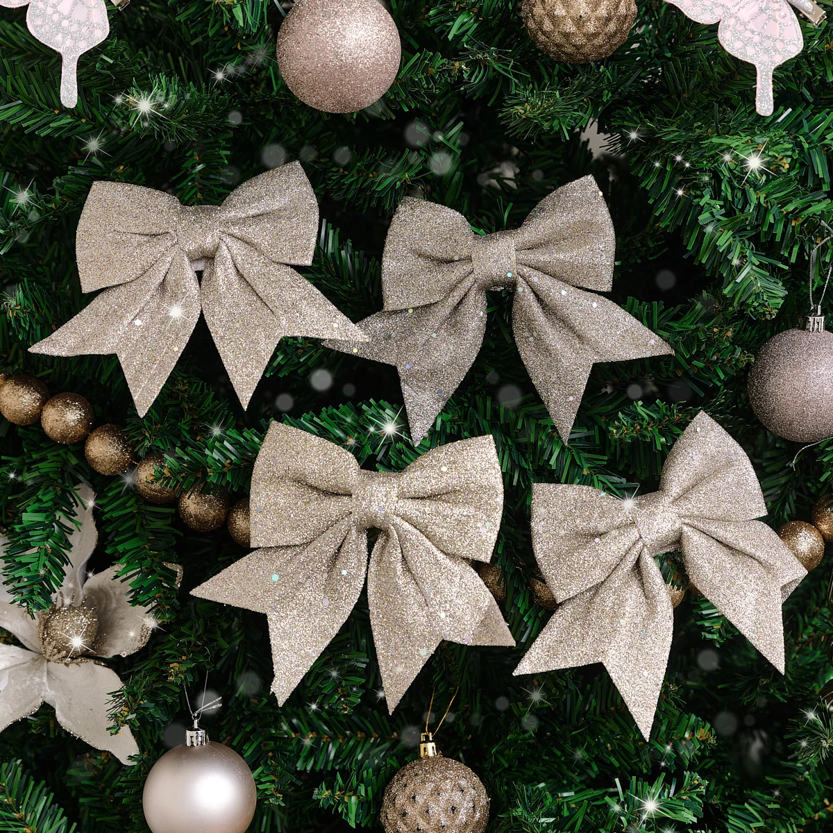 Organic Set of 4 Champagne Glitter Christmas Bows Casual