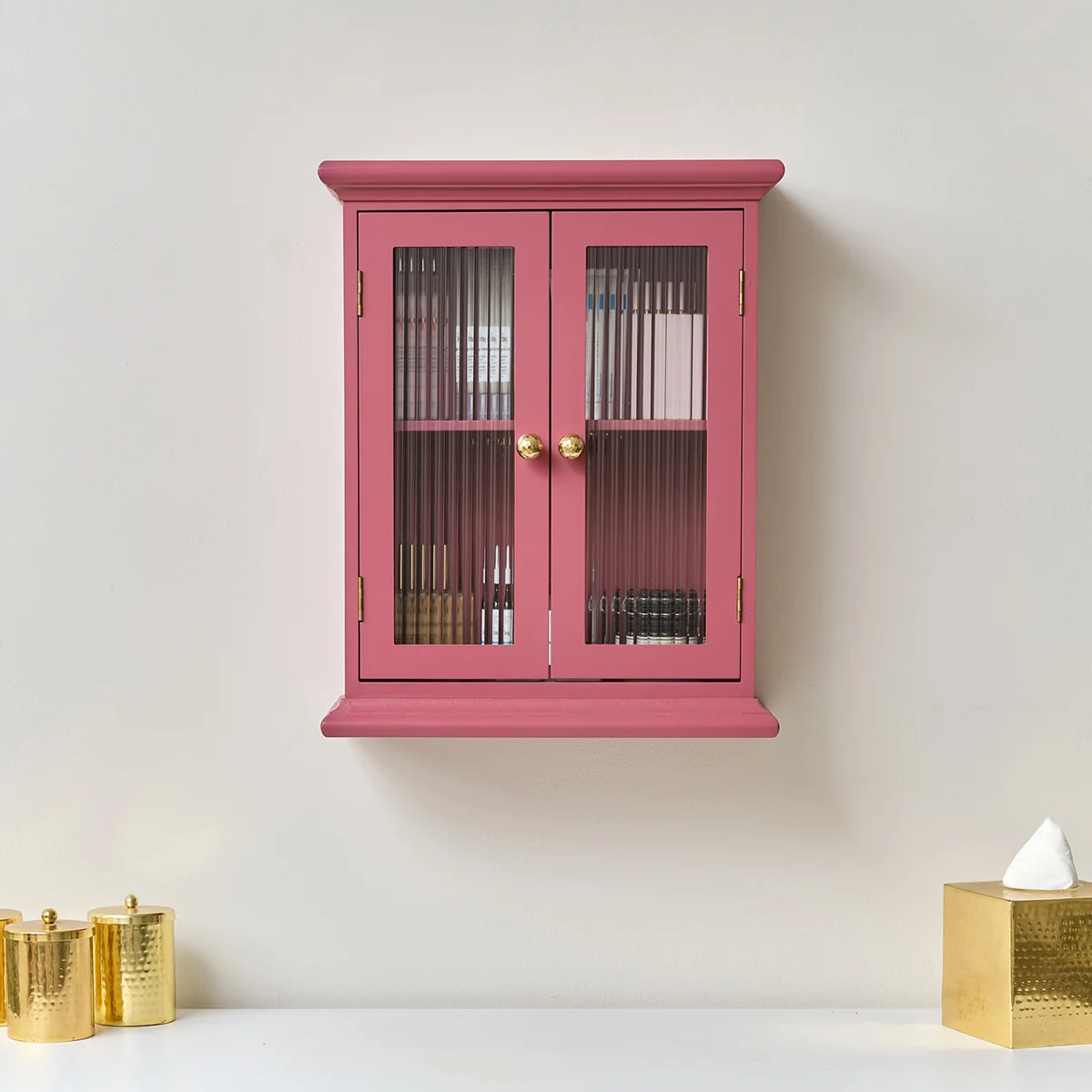 High-End Raspberry Pink Reeded Glass Wall Cabinet Original