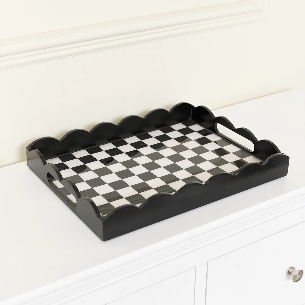 Solid Rectangle Black Monochrome Checked Scalloped Tray Specialty