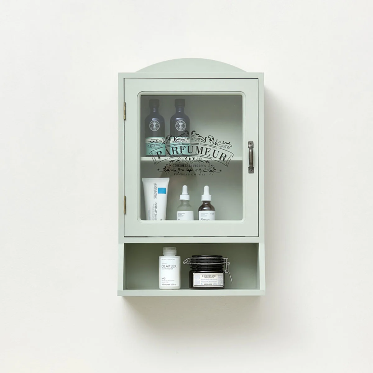 Organic Vintage Style Sage Green Glass Fronted Wall Cabinet 54cm x 32cm Stylish