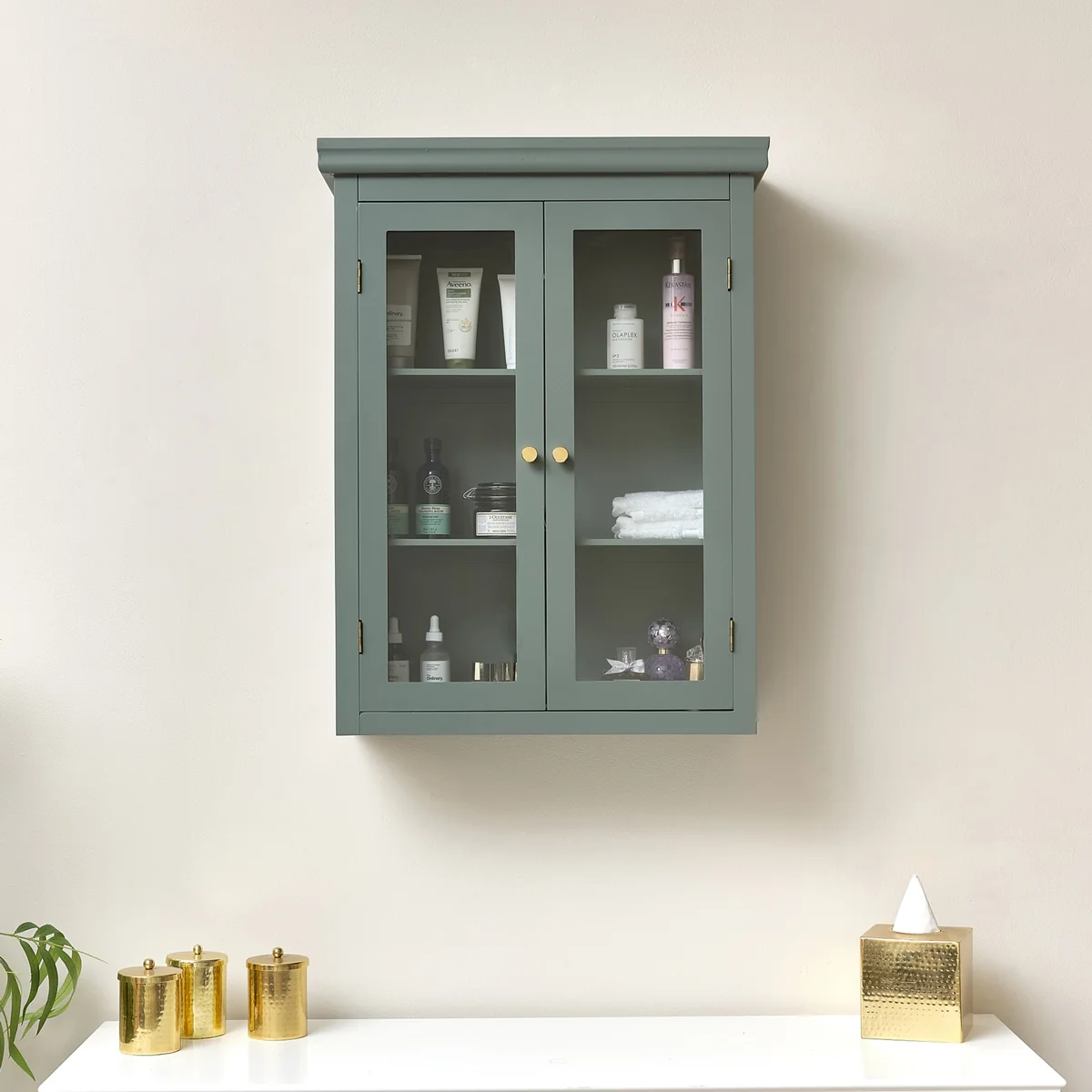 Premium Material Green Glass Fronted Wall Cabinet 75cm x 57cm Versatile