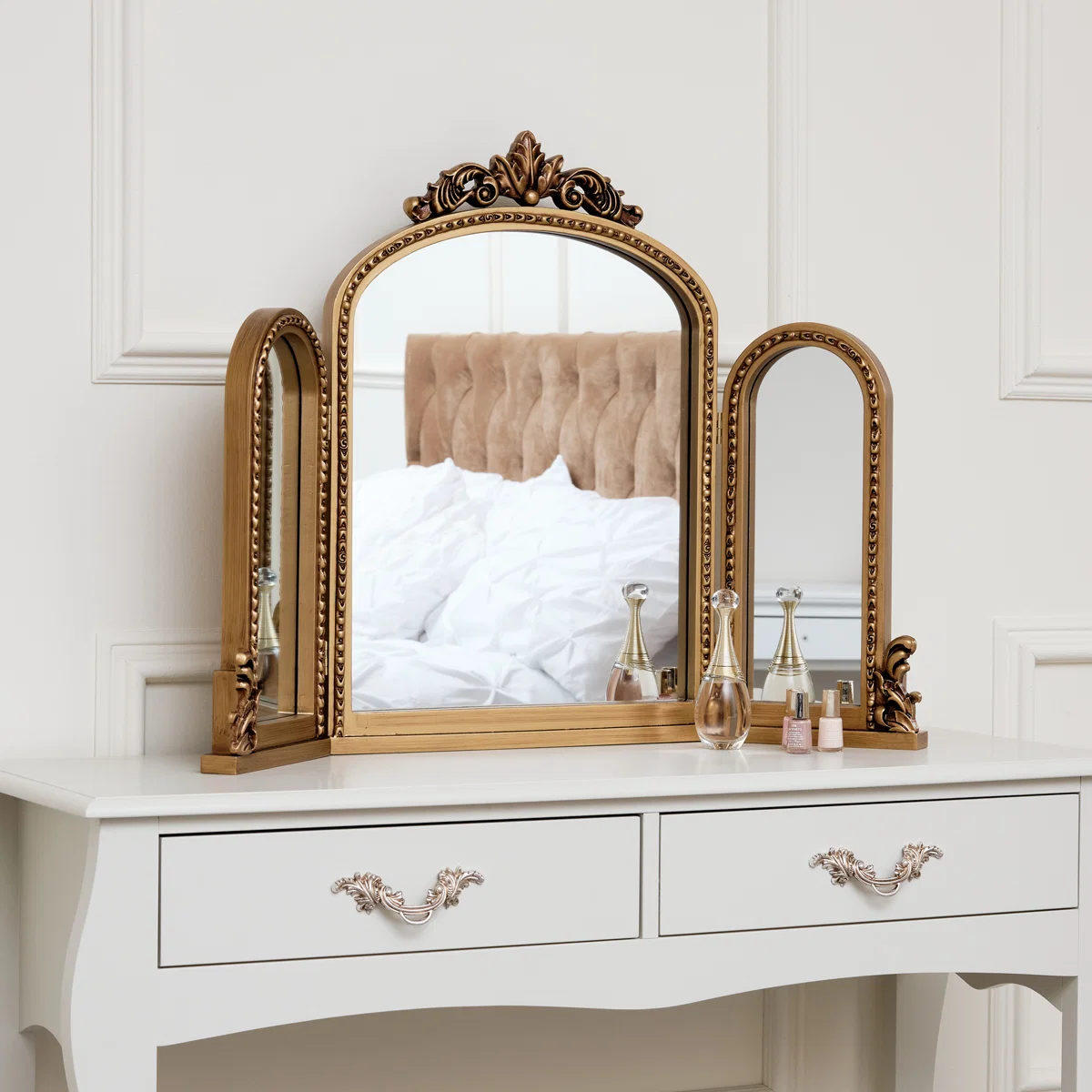 Next-Generation Gold Ornate Arched Triple Dressing Table Mirror 80cm x 56cm User-Friendly