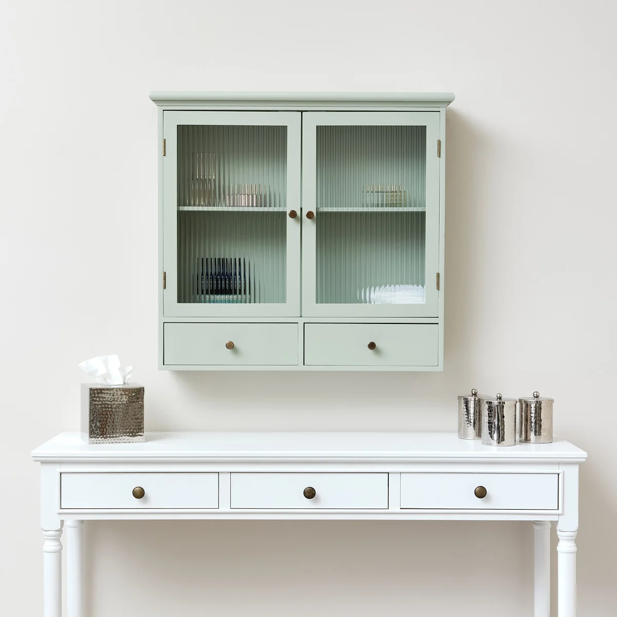 Healthy Sage Green Reeded Glass Wall Cabinet with Drawers Eco-Friendly
