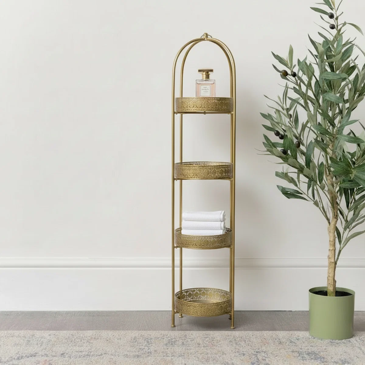 Sustainable Antique Gold Four Tier standing Shelf – 146cm Specialty
