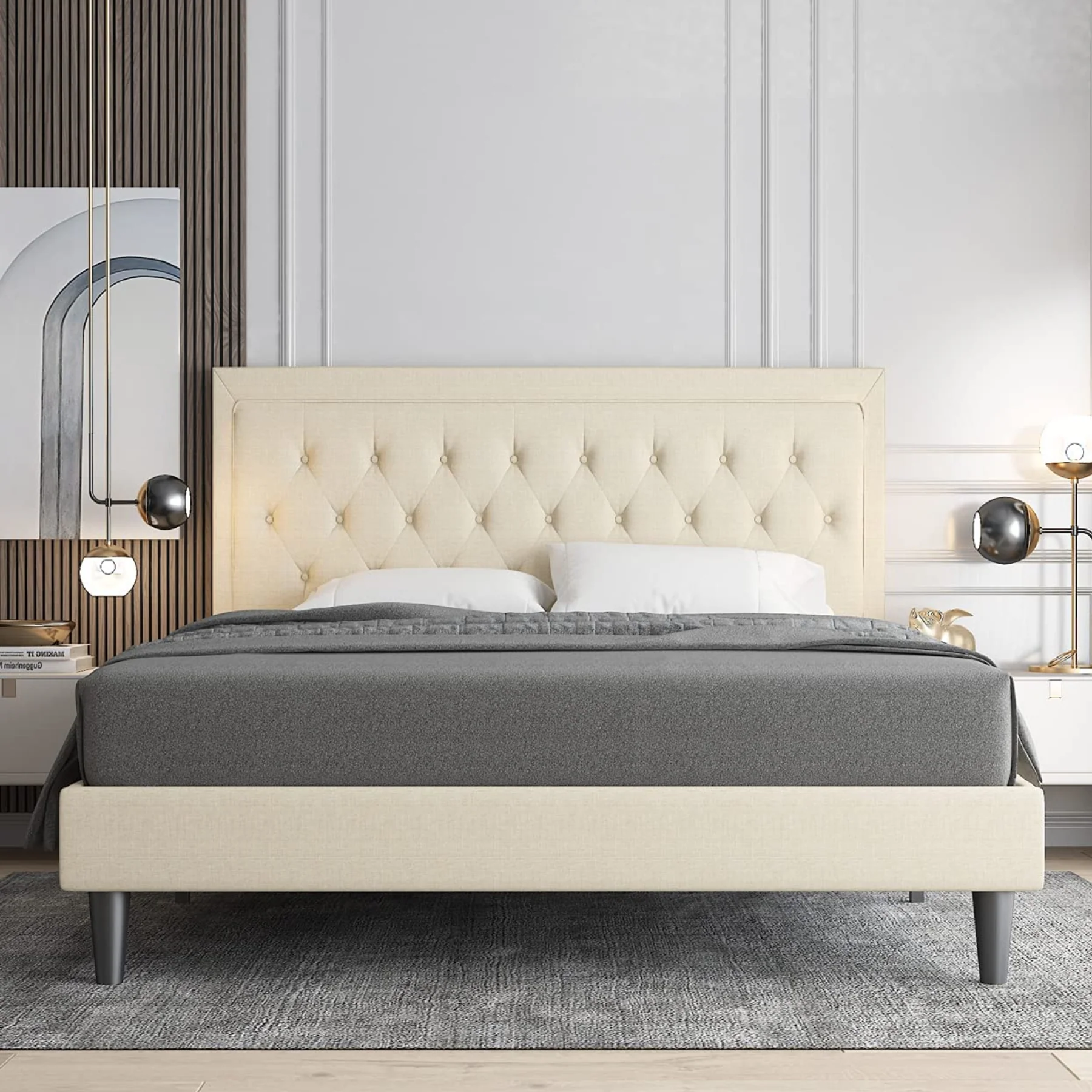 Traditional Upholstered Bed Frame with Adjustable Headboard Wood Slat SupportUpholstered Bed Frame with Adjustable Headboard Wood Slat Support Solid