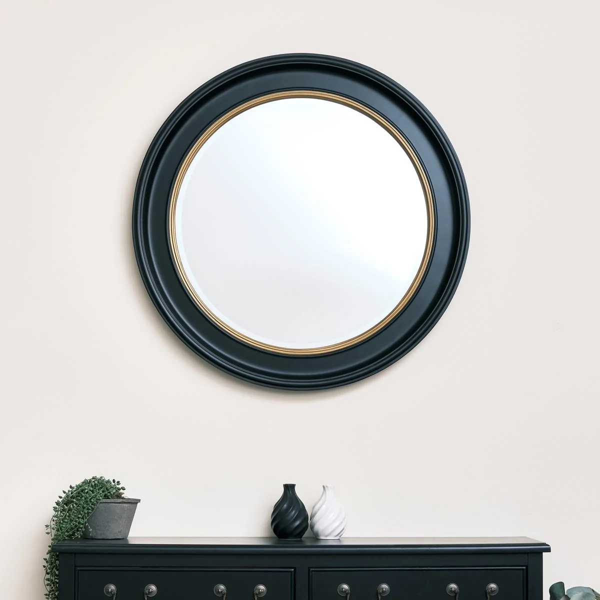 Relaxed Large Round Black Gold Wall Mirror – 80cm x 80cm Fast