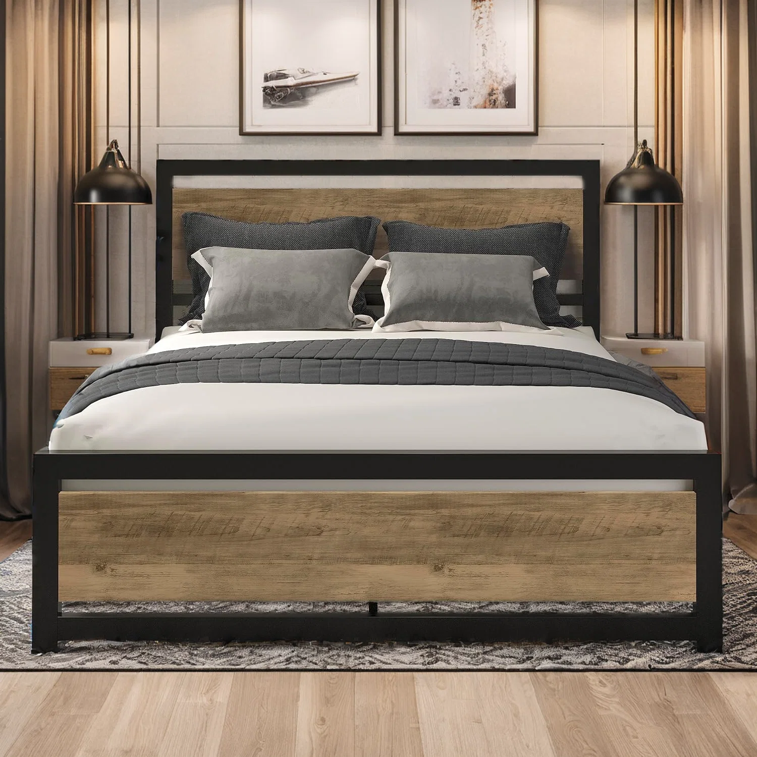 Modern Bed Frame with Wooden Headboard 13 Strong Metal Slats Supports Bed Frame Heavy Platform MetalBed Frame with Wooden Headboard 13 Strong Metal Slats Supports Bed Frame Heavy Platform Metal Unique