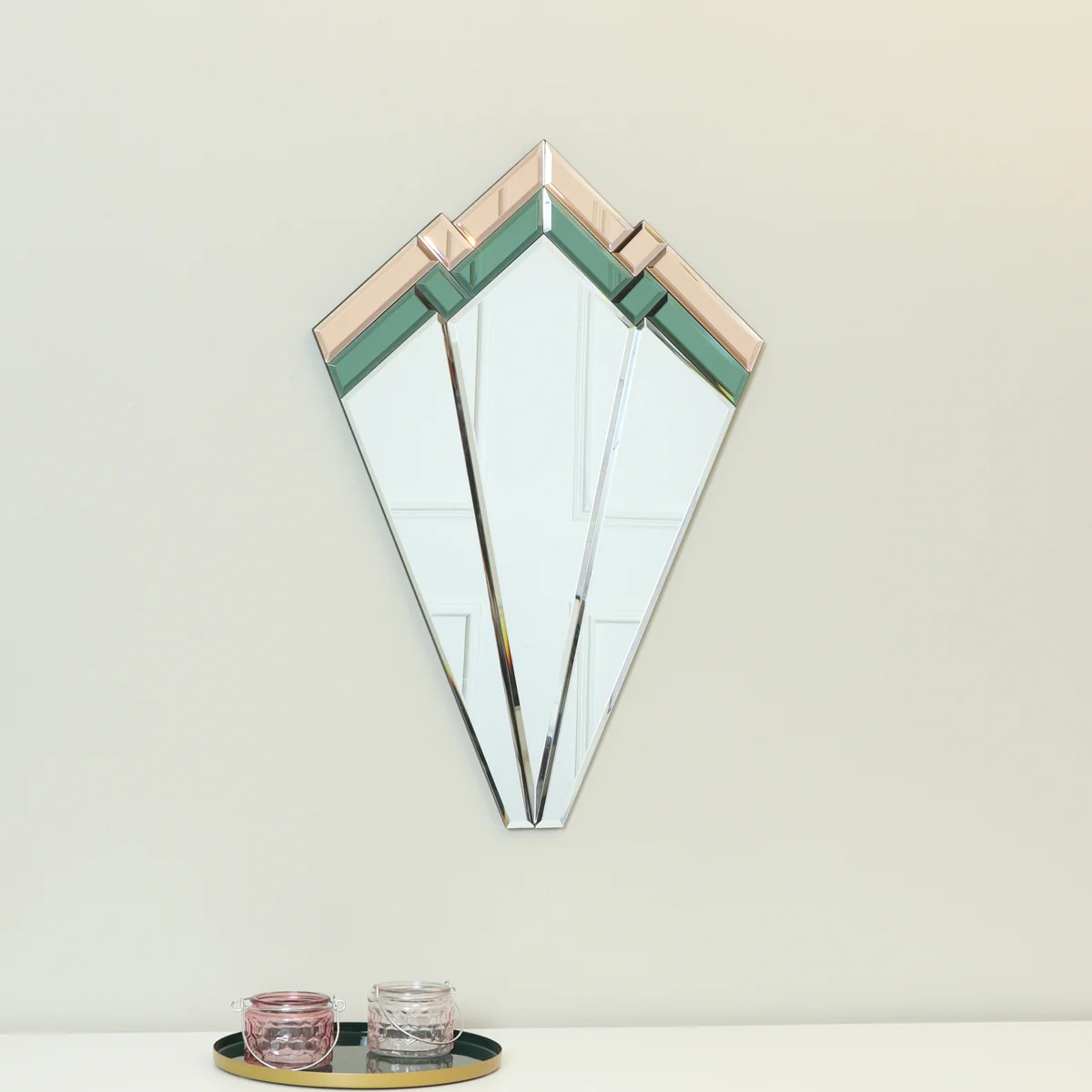 Top-Quality Green Pink Glass Art Deco Fan Wall Mirror 60cm x 40cm Advanced