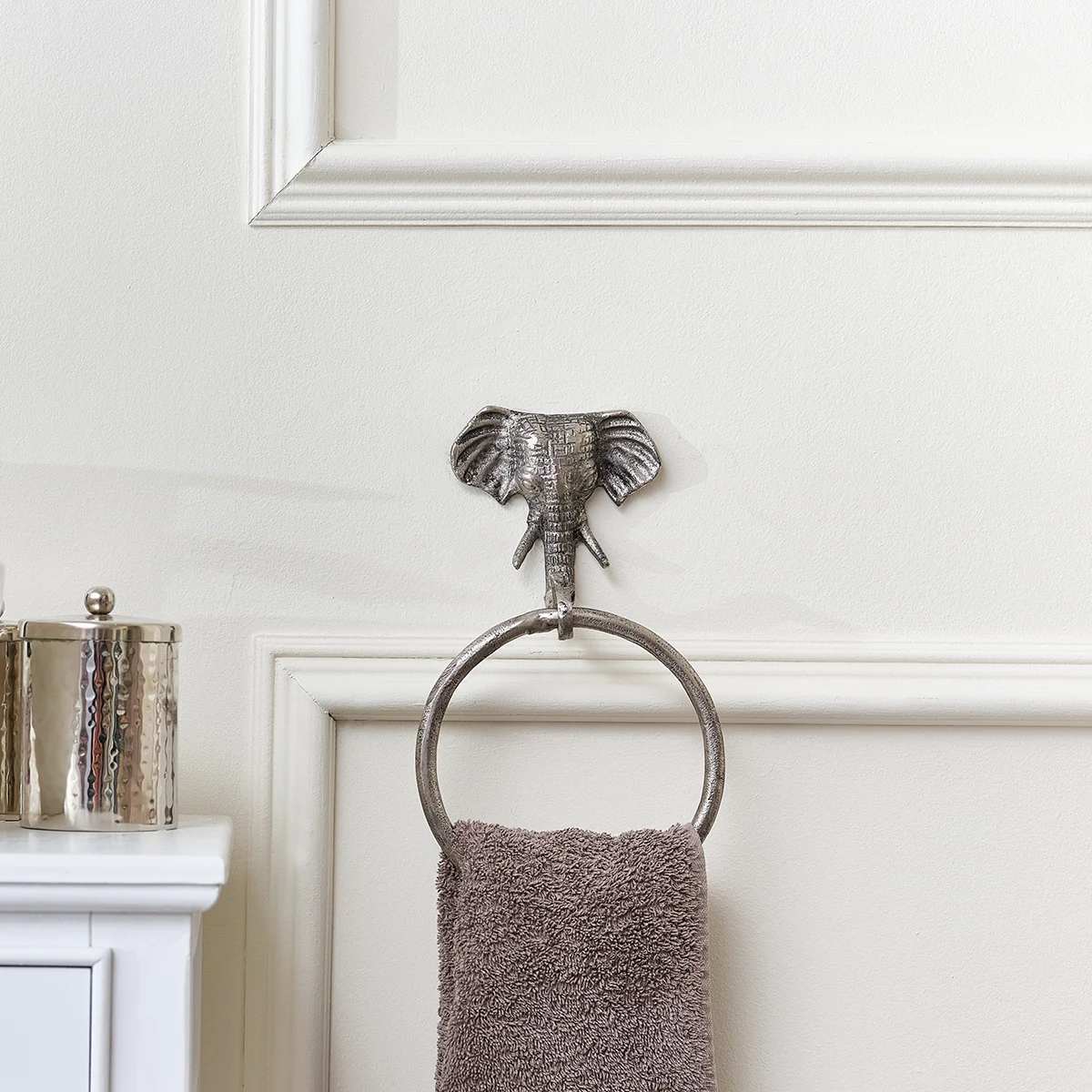 Organic Metallic Silver Elephant Towel Ring Sustainable