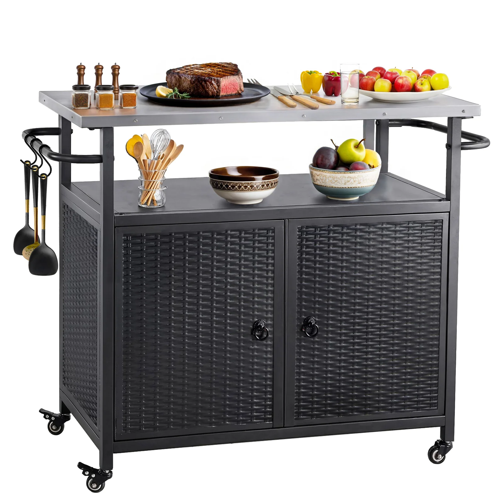 Premium Material Outdoor Grill Cart with Storage Cabinet Kitchen Island Cart with four casters and three shelvesOutdoor Grill Cart with Storage Cabinet Kitchen Island Cart with four casters and three shelves Genuine