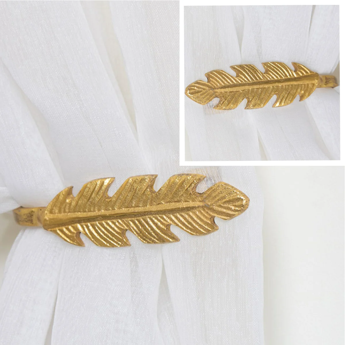 Functional Pair of Gold Feather Curtain Holdbacks User-Friendly